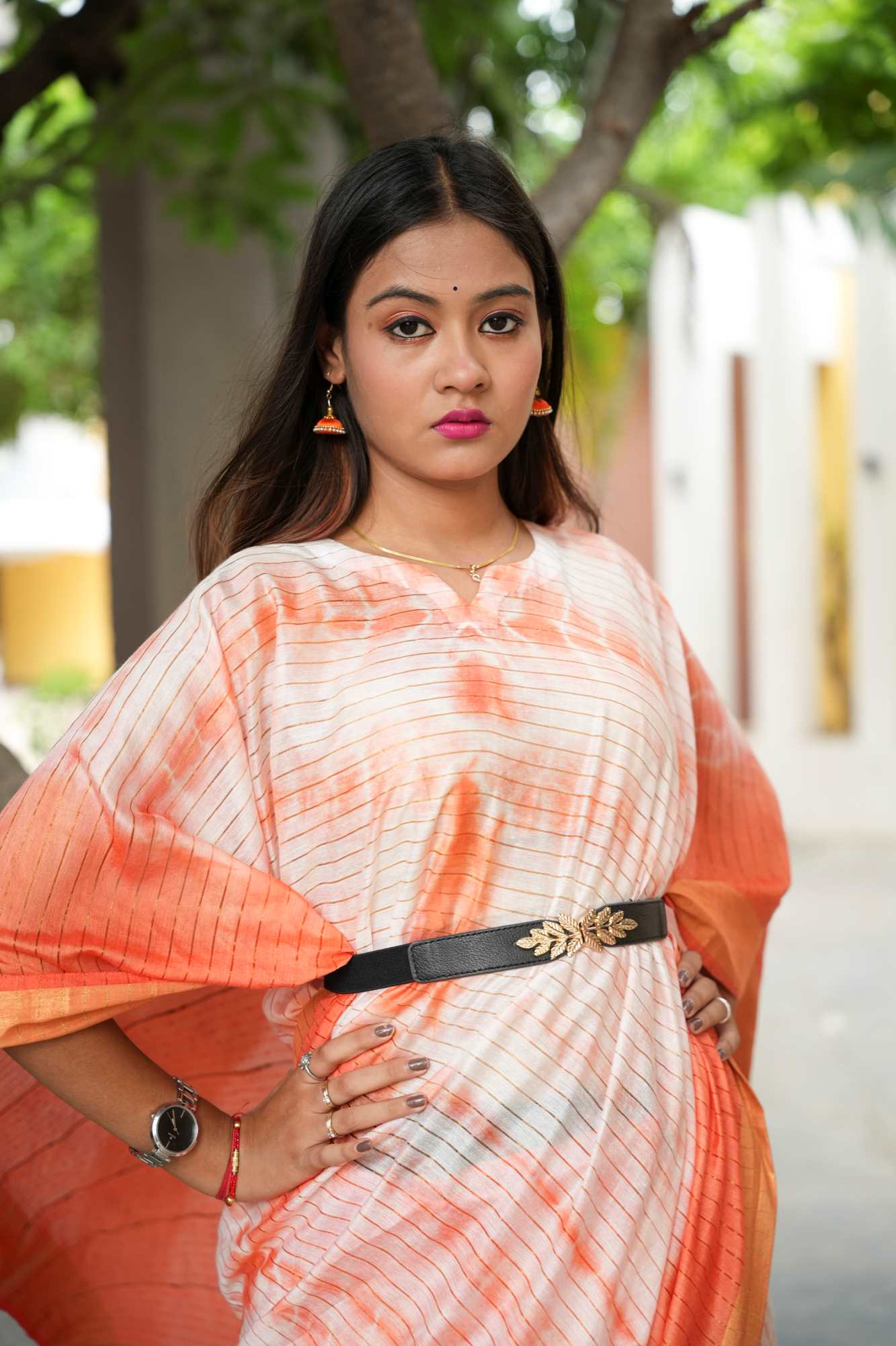 Orange Shibori Bhagalpuri Cotton Silk Kaftan with Zari and Sequin Highlights Ready To Wear Saree - Image 10