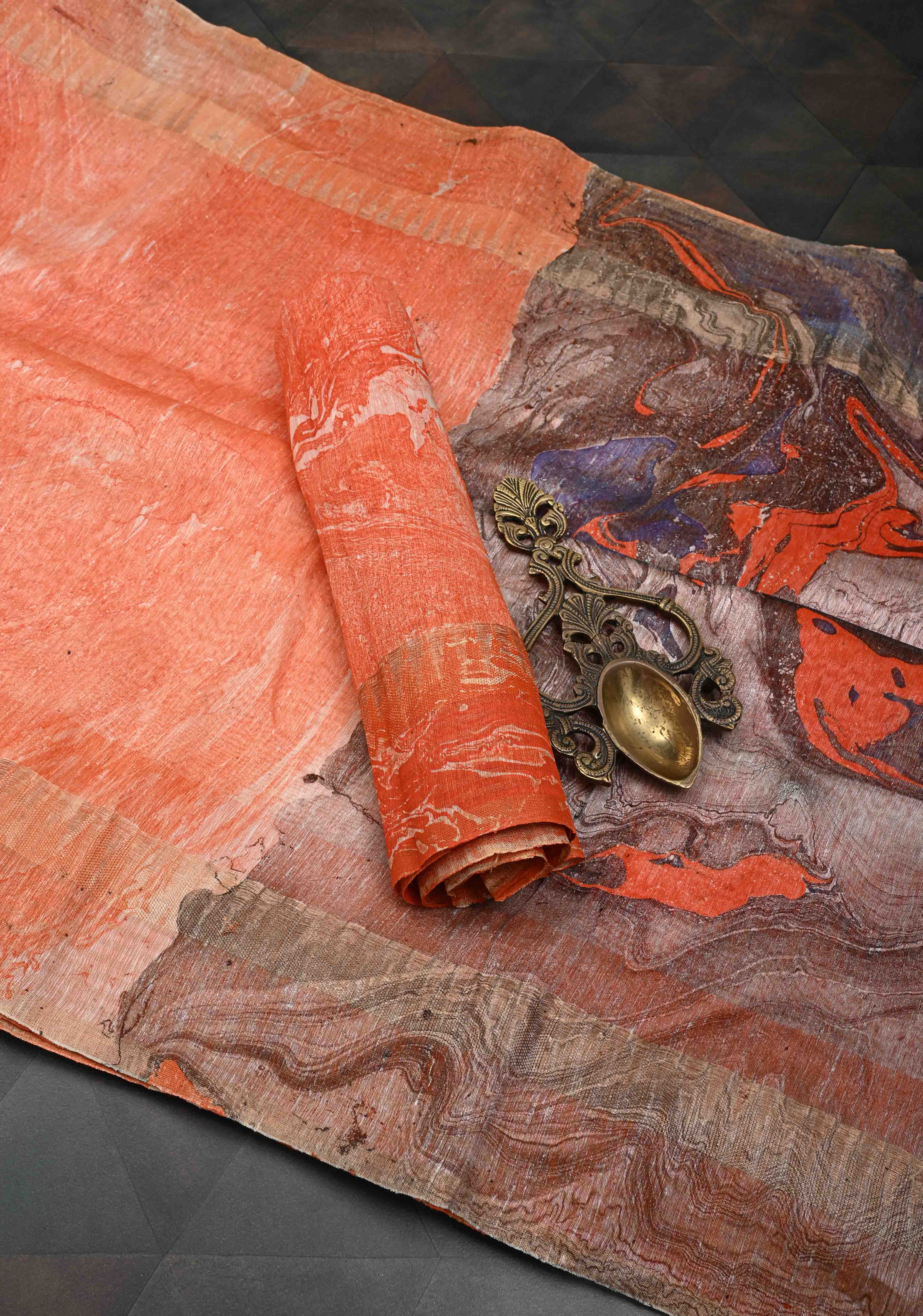 Orange Silk Linen Saree with Marble Digital Print and Muted Zari Borders | Shobitam - Image 2