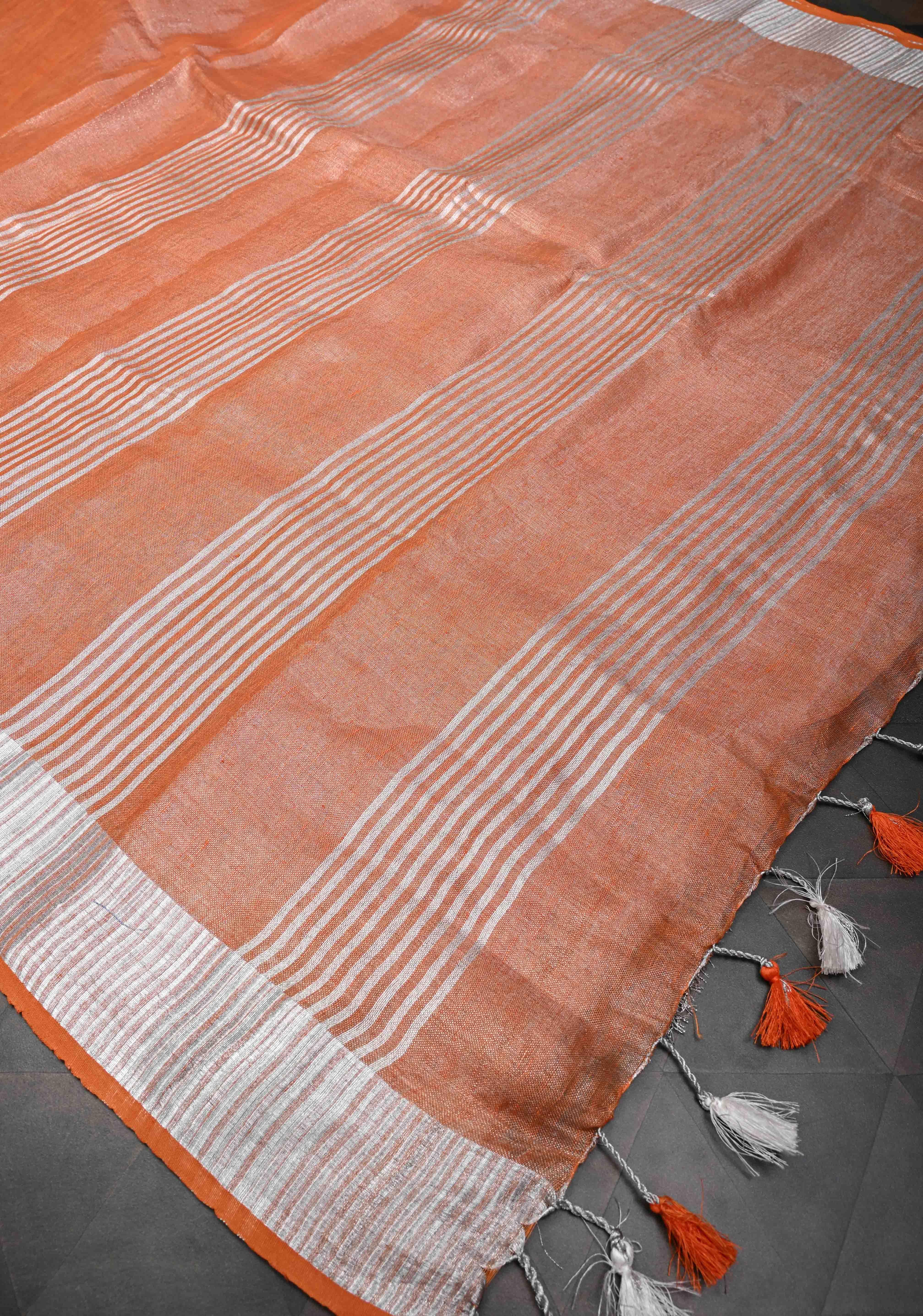 Orange Tissue Linen Saree with Silver Zari Border - Image 8