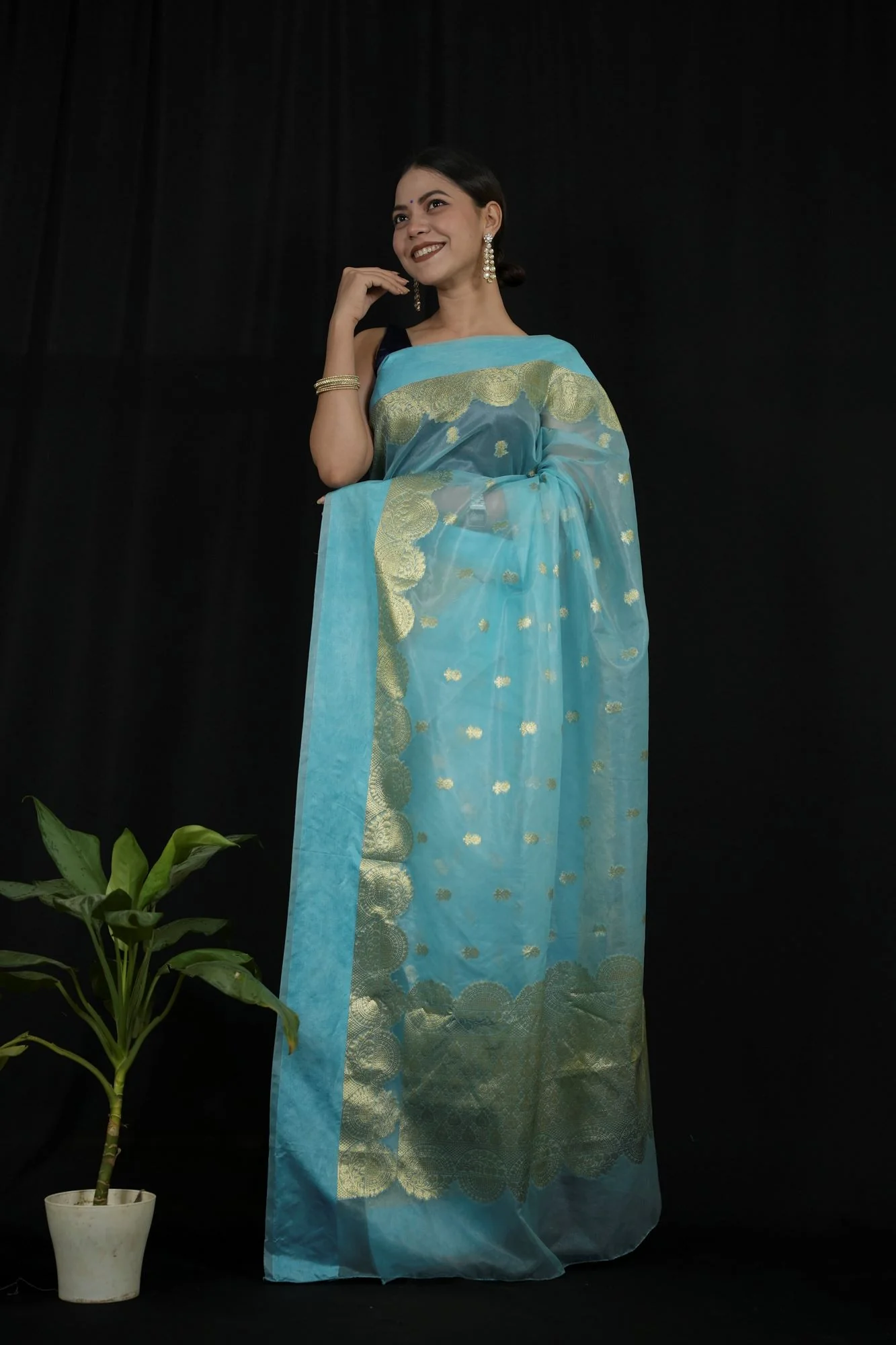Organza Silk  Banarasi Inspired with Golden Zari Weaving Ready To Wear Saree - Image 5