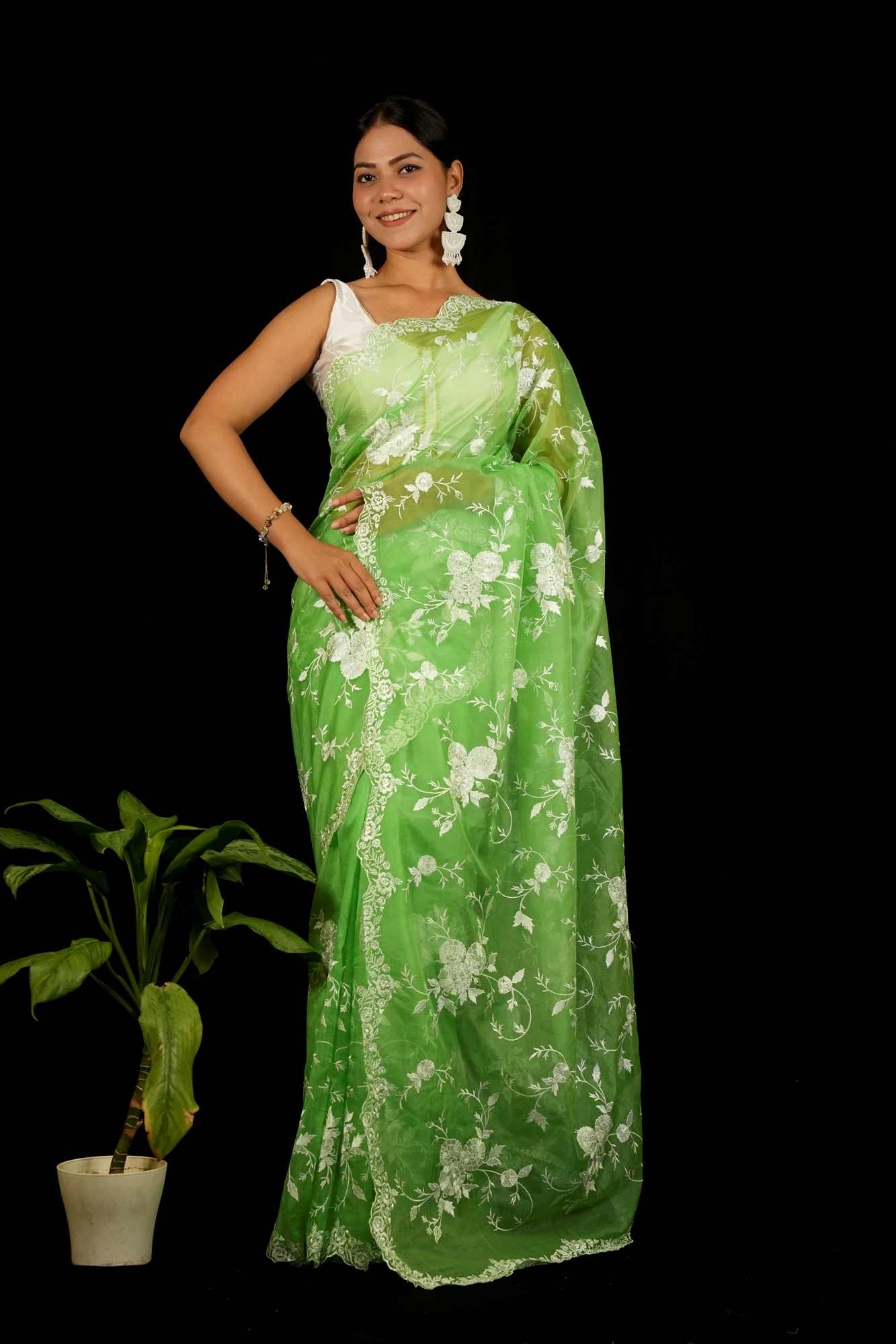 Organza Silk Prestitched Saree with White Thread Embroidery and Scalloped Lace Border Ready to wear Saree - Image 4