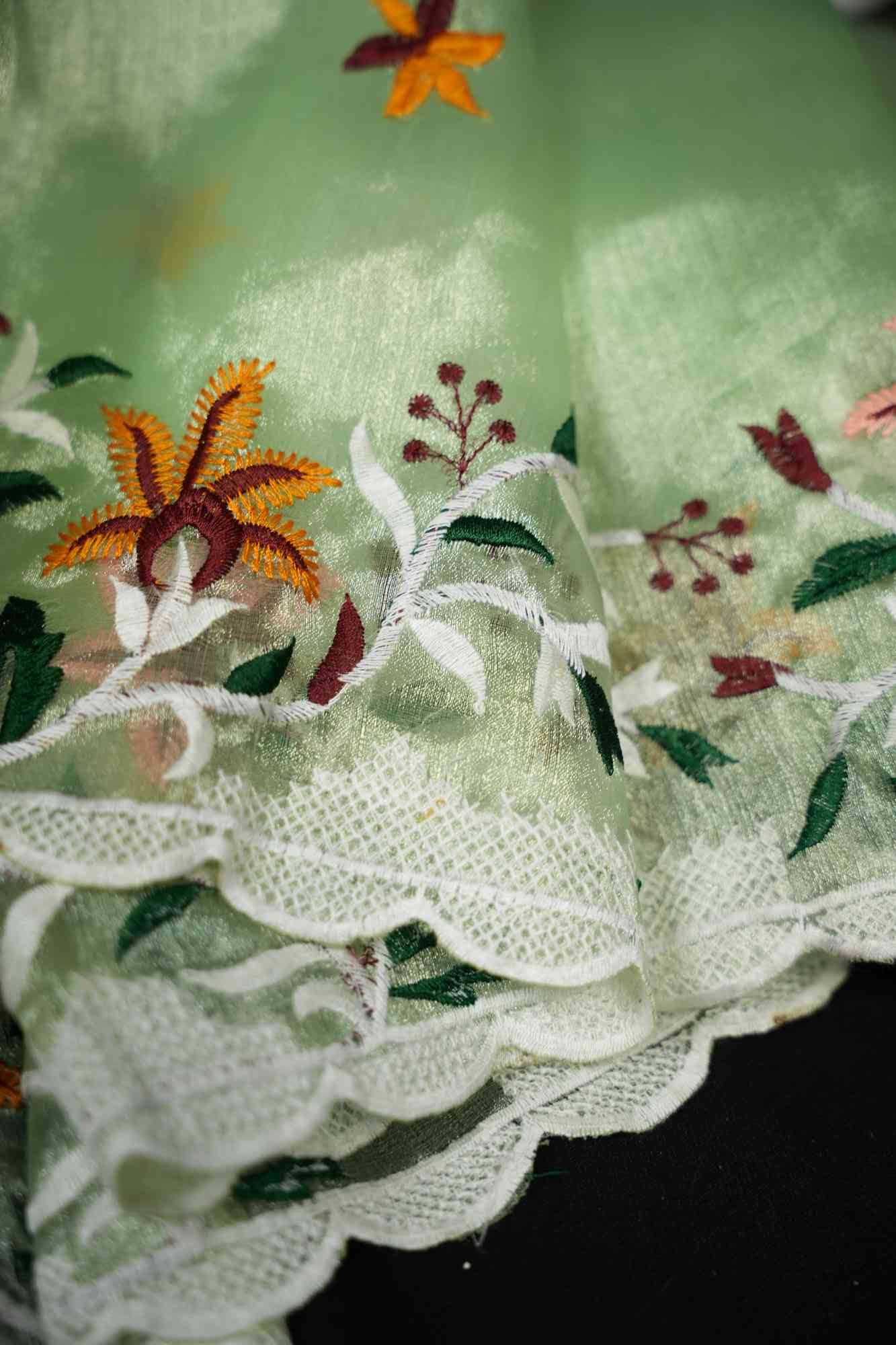 Organza Silk  Scalloped Border with Overall Floral  Thread Embroidery Wrap in 1 minute Saree - Image 9