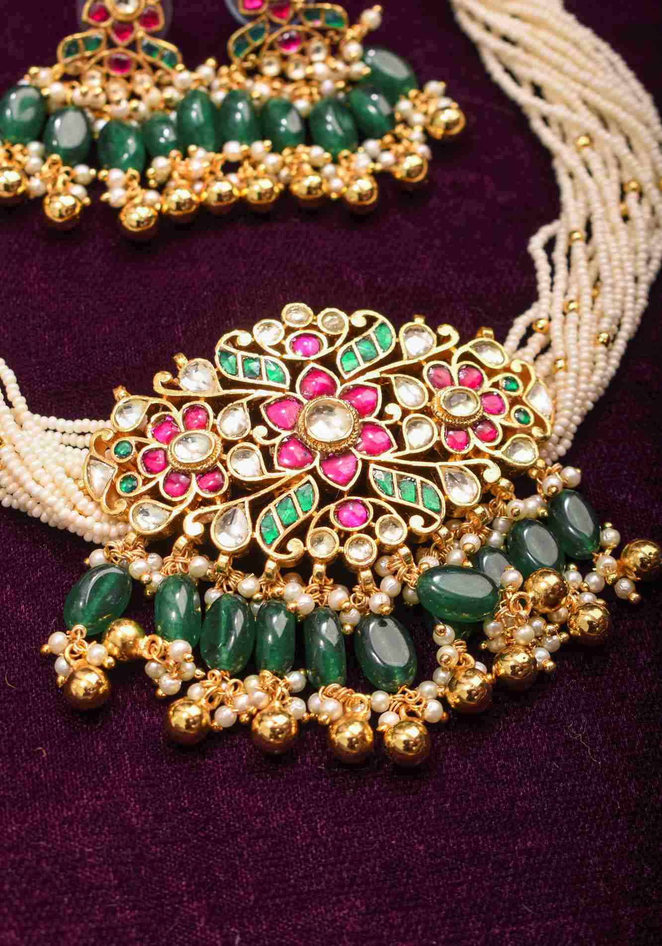 Ornate Jadau Floral Pendant on Multistrand Necklace with Green Dangling Beads and Matching Earrings - Image 3