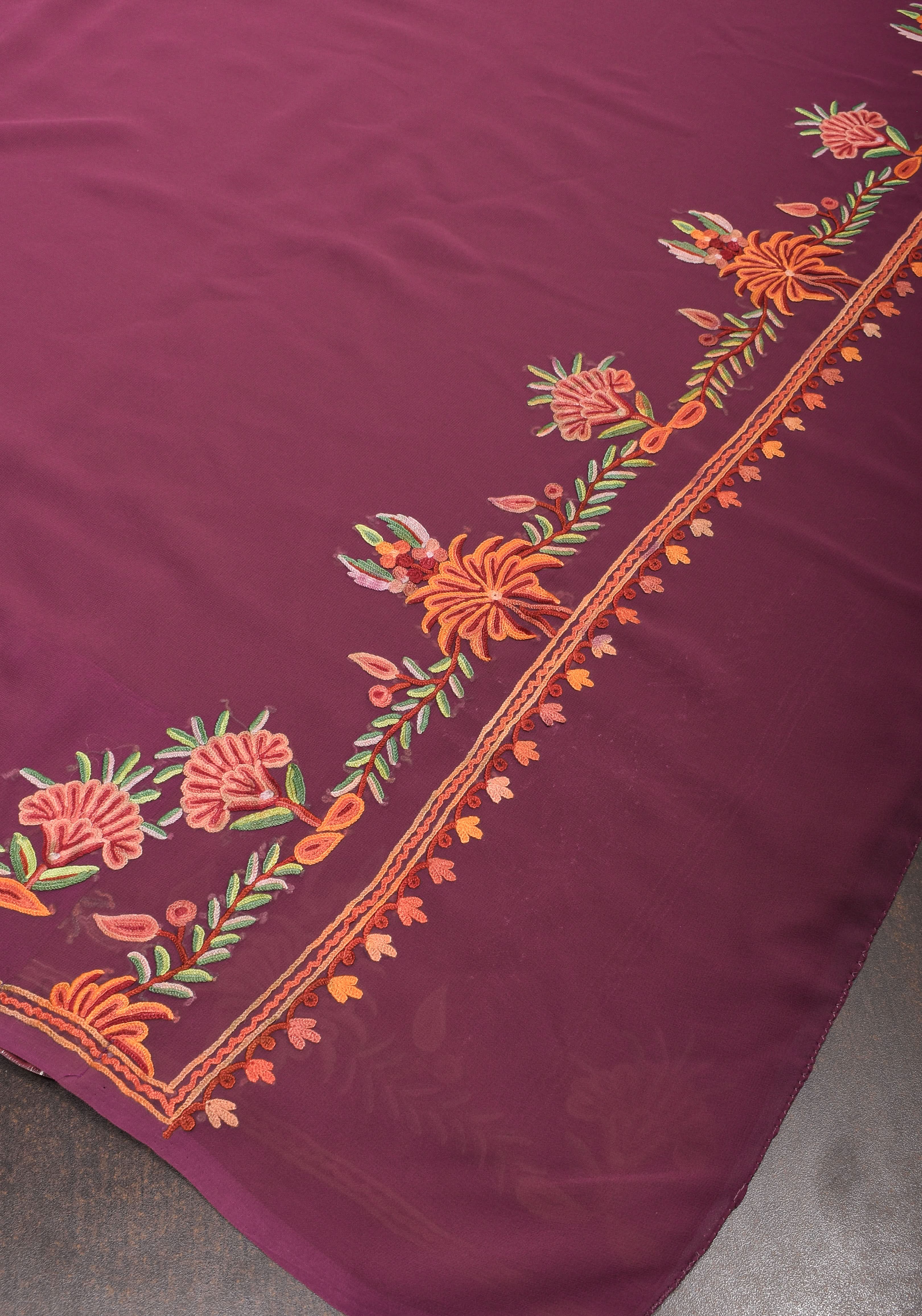 Plum Kashmiri Aari Style Embroidery Georgette Saree with floral design border | Shobitam - Image 7