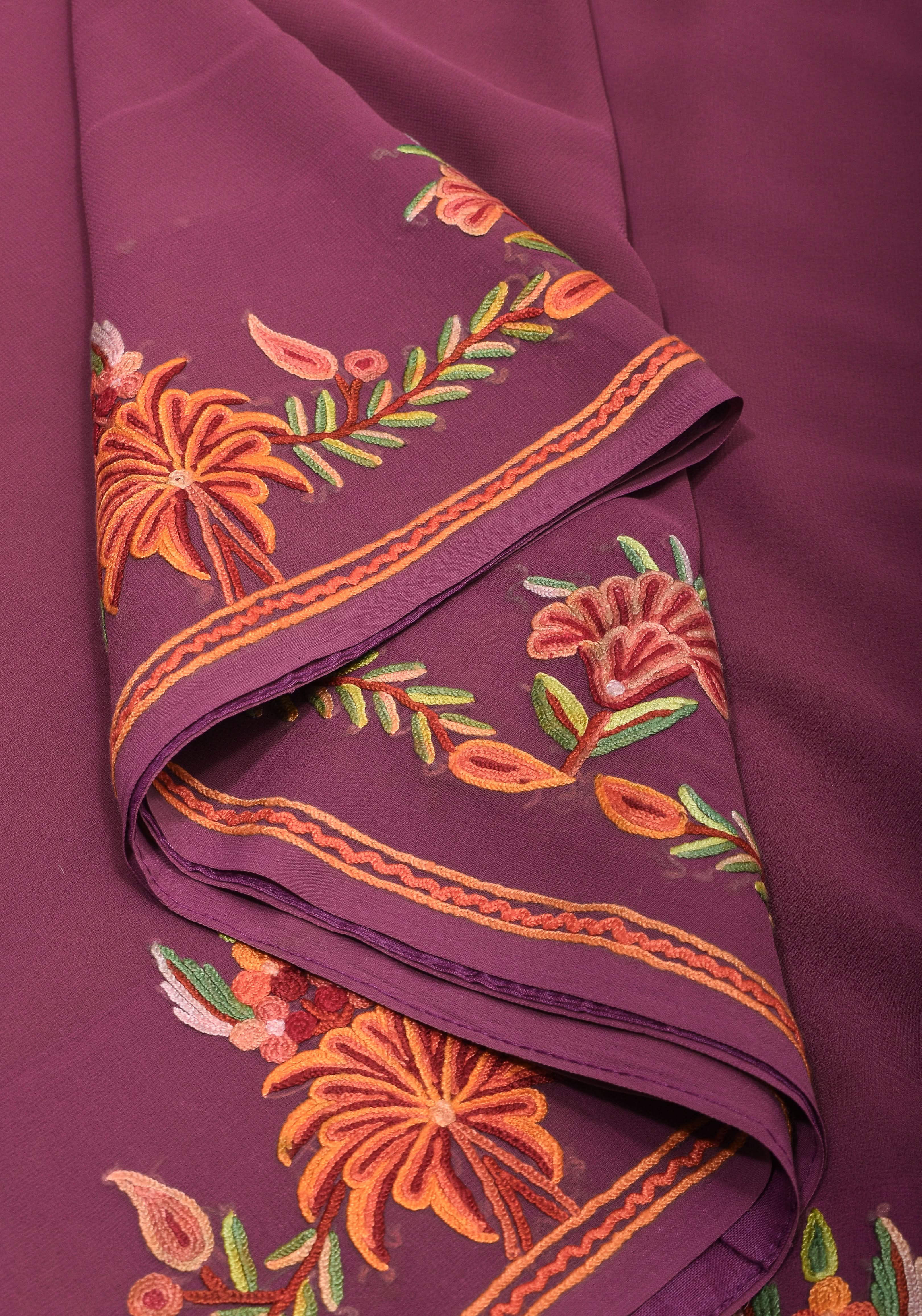 Plum Kashmiri Aari Style Embroidery Georgette Saree with floral design border | Shobitam - Image 9