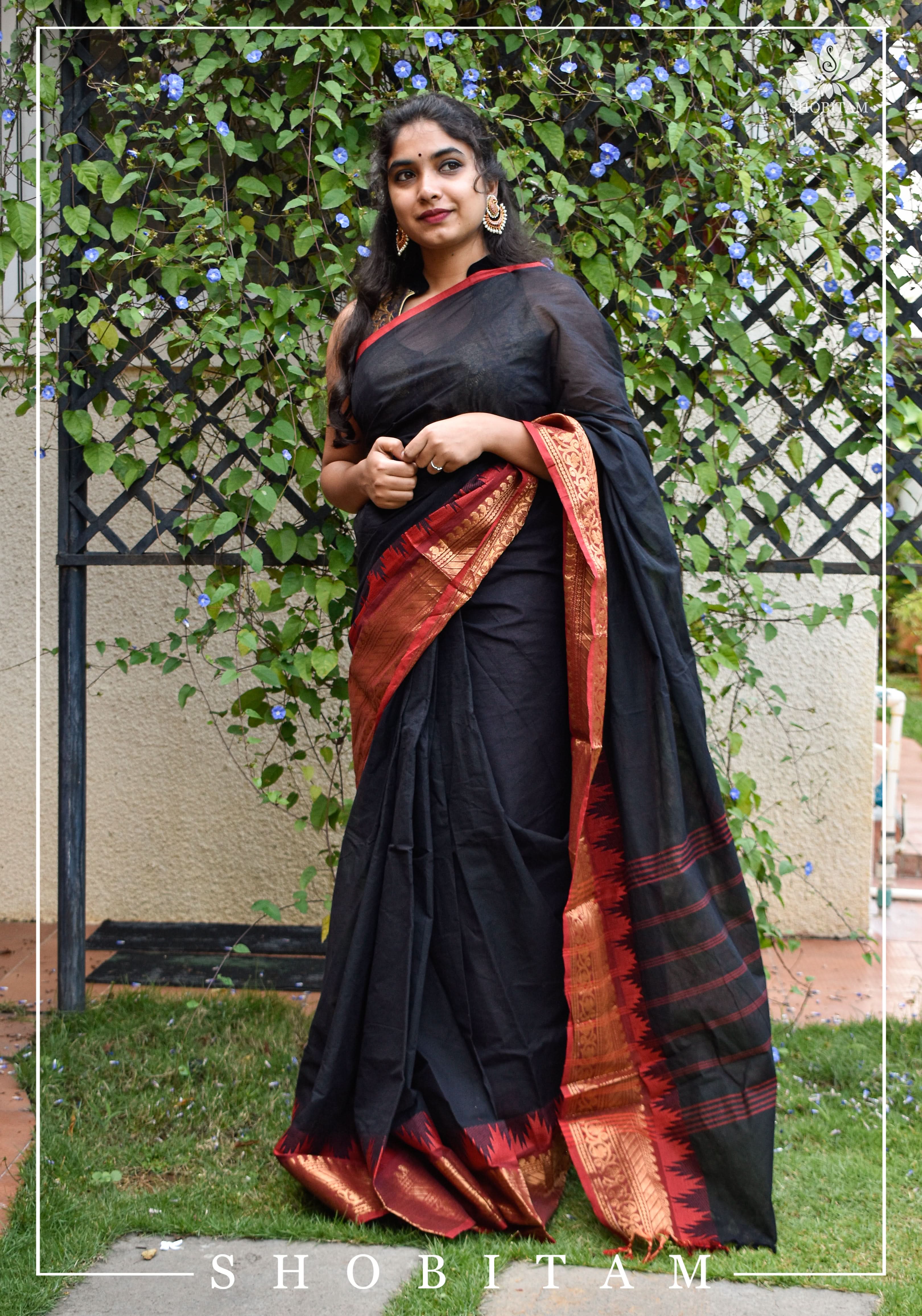 Black Chettinadu Cotton Saree with Temple Zari Borders | Shobitam - Image 3