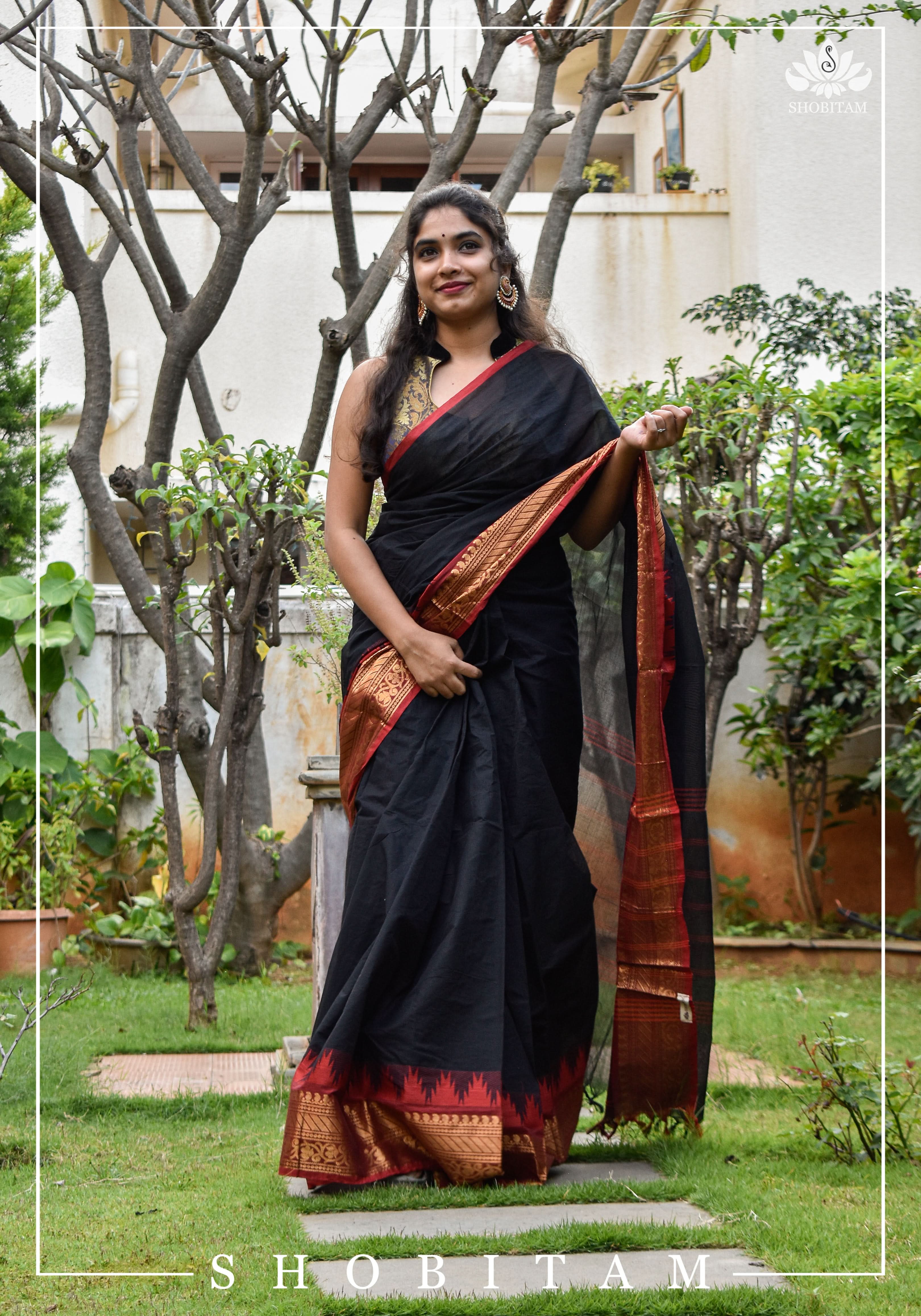 Black Chettinadu Cotton Saree with Temple Zari Borders | Shobitam - Image 5
