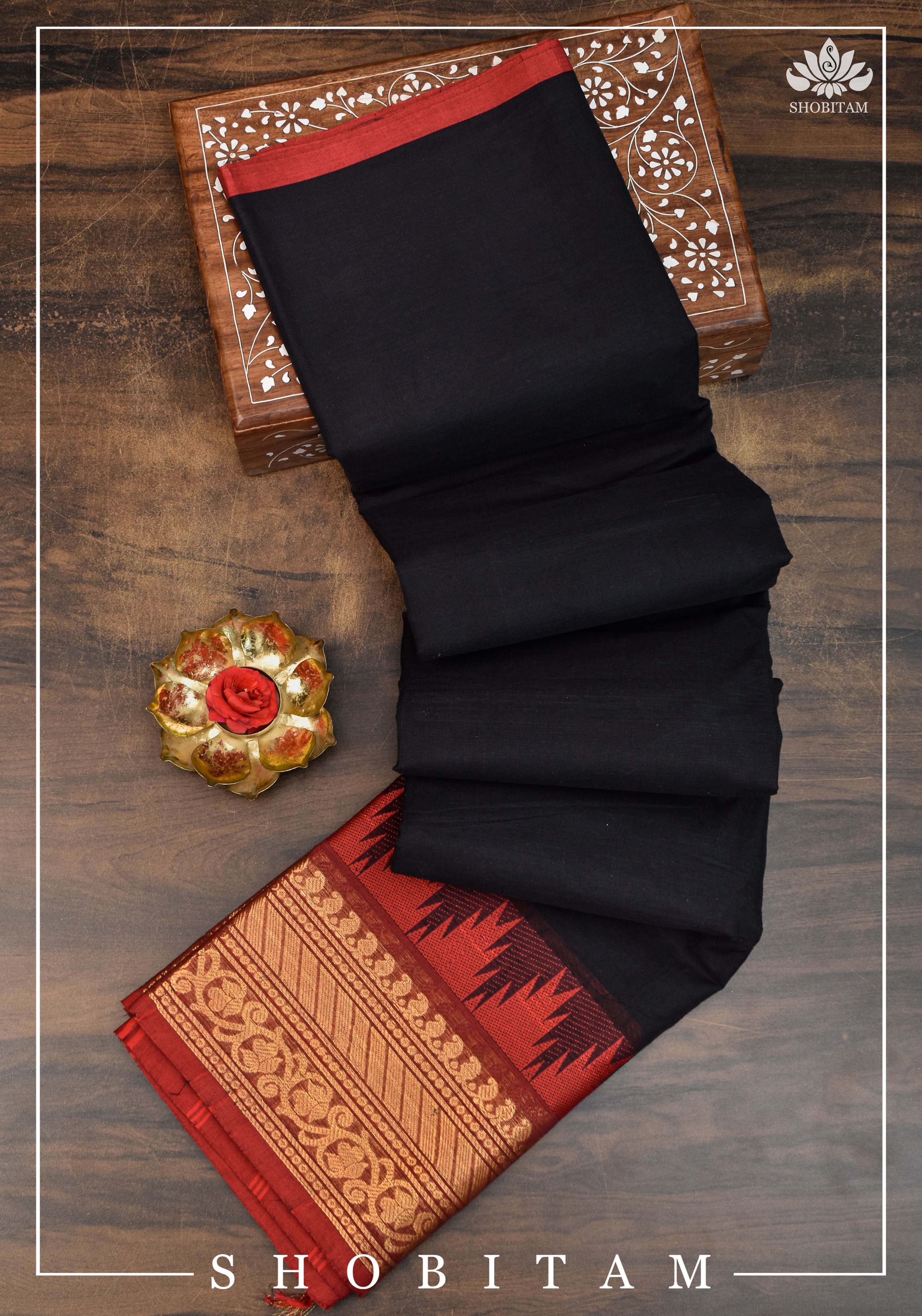 Black Chettinadu Cotton Saree with Temple Zari Borders | Shobitam - Image 7
