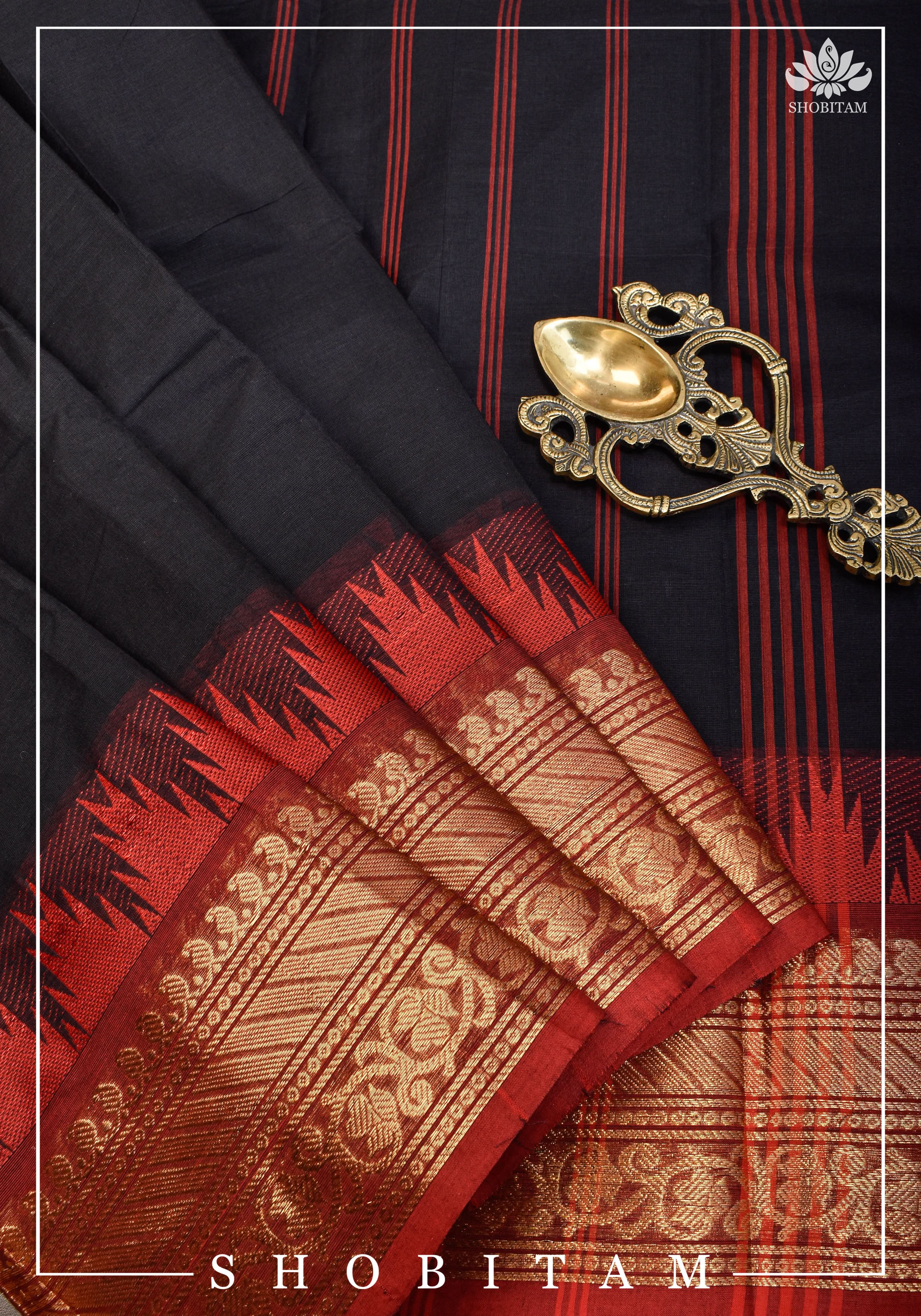 Black Chettinadu Cotton Saree with Temple Zari Borders | Shobitam - Image 8