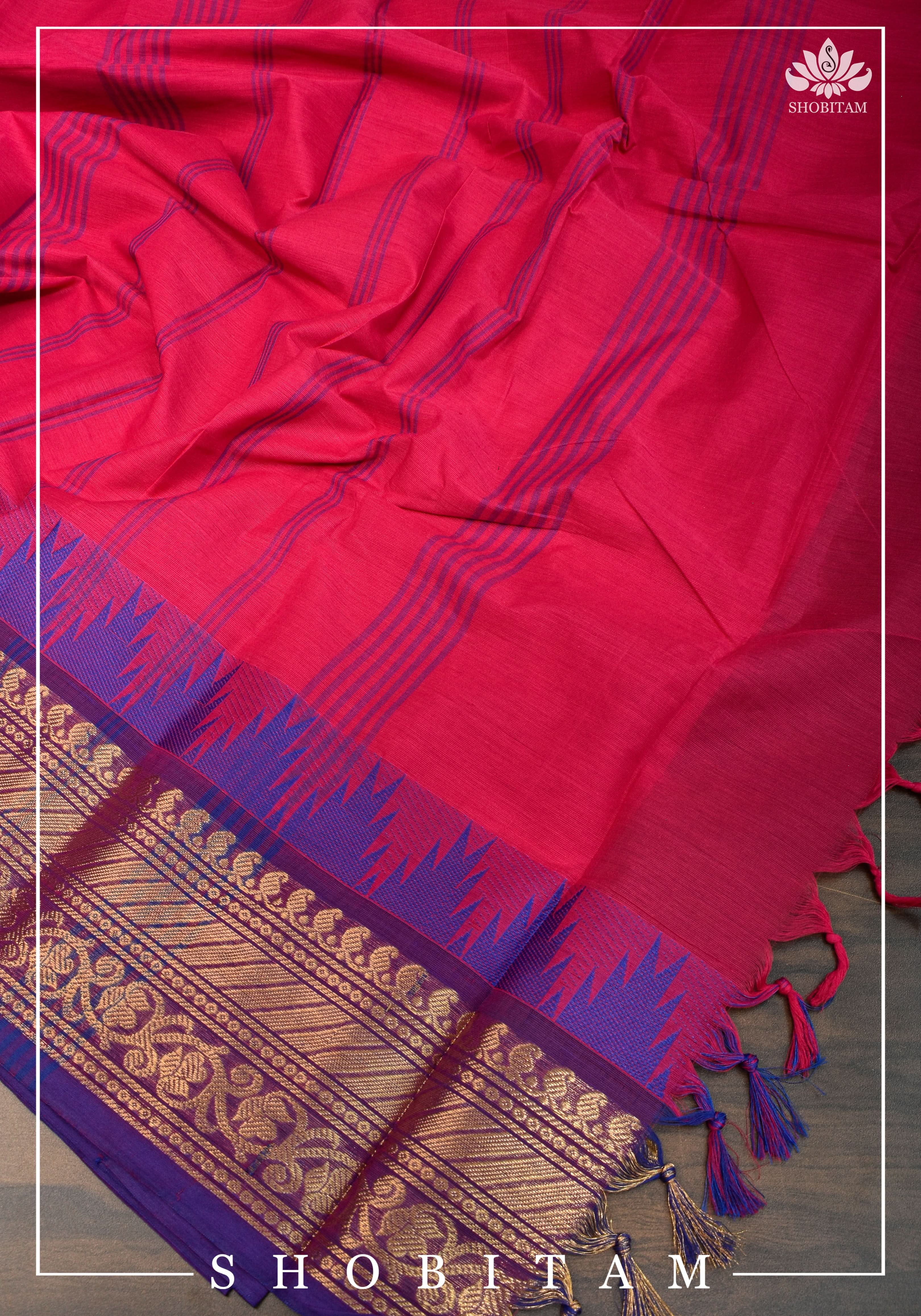 Chettinadu Cotton Saree in Pink with Wide Zari Border, no Blouse piece | Sarees by Shobitam - Image 11