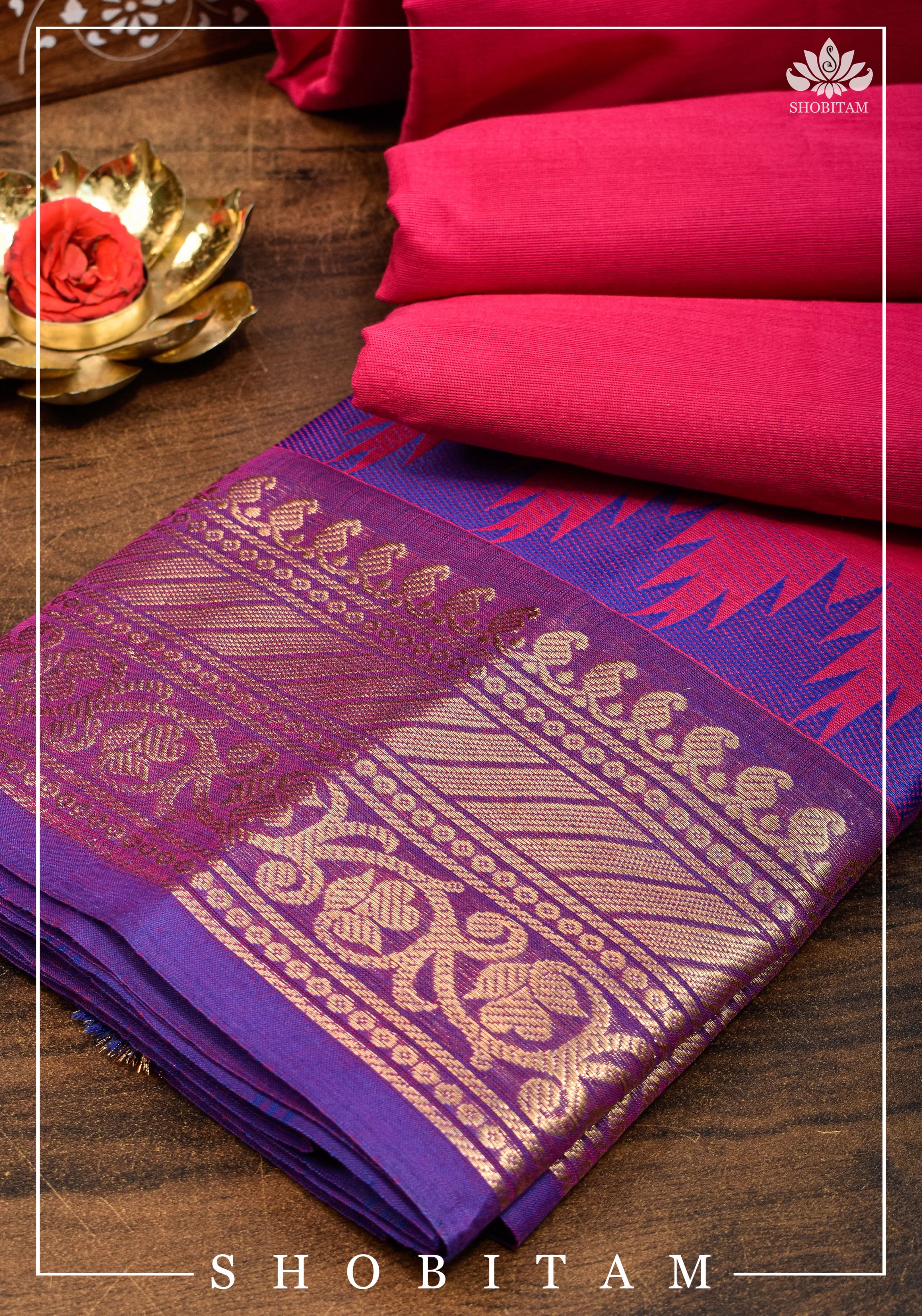 Chettinadu Cotton Saree in Pink with Wide Zari Border, no Blouse piece | Sarees by Shobitam - Image 12