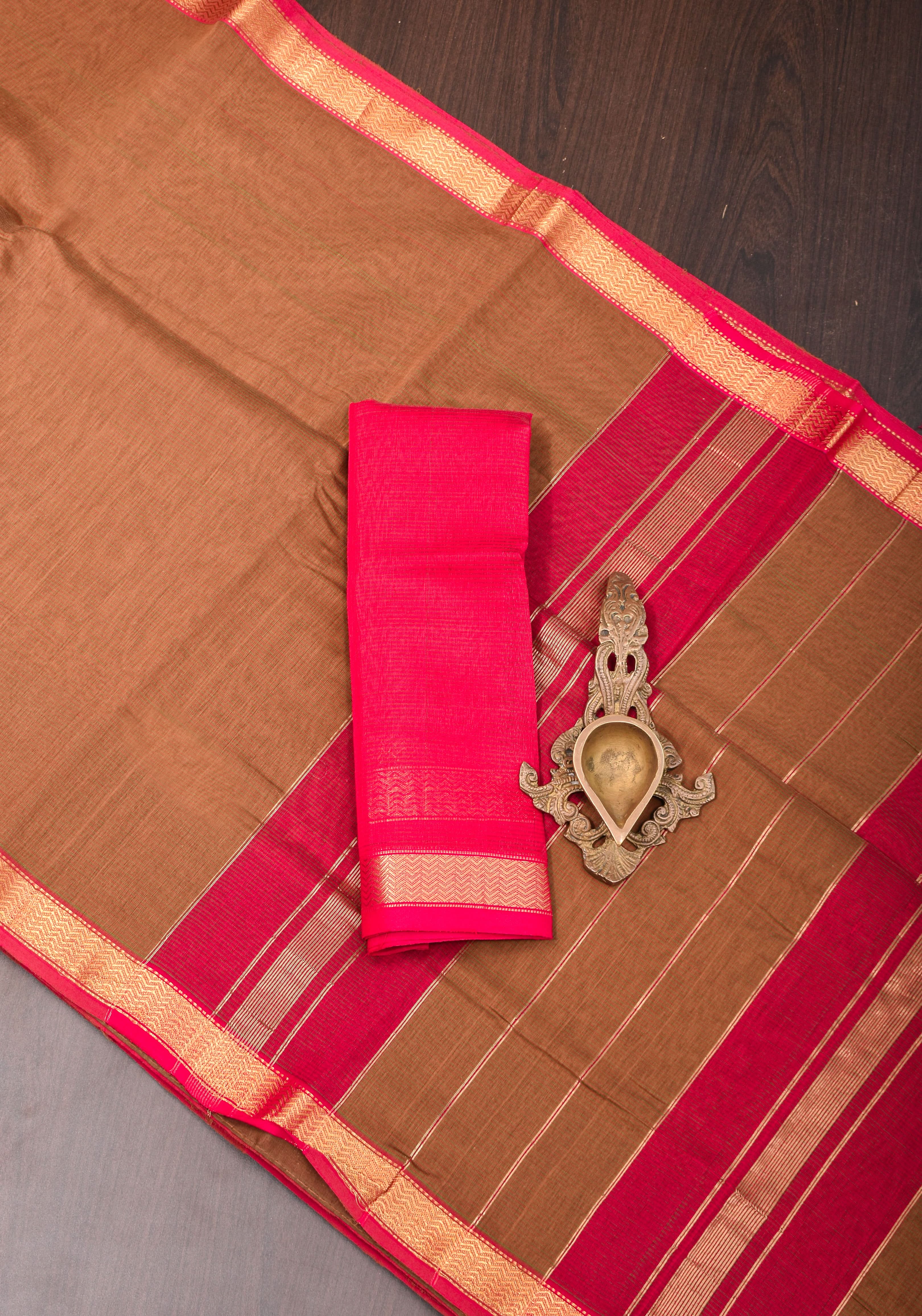 Handwoven Maheshwari Silk Cotton Saree in brown With Stripes & Minimal zari borders | Shobitam - Image 2