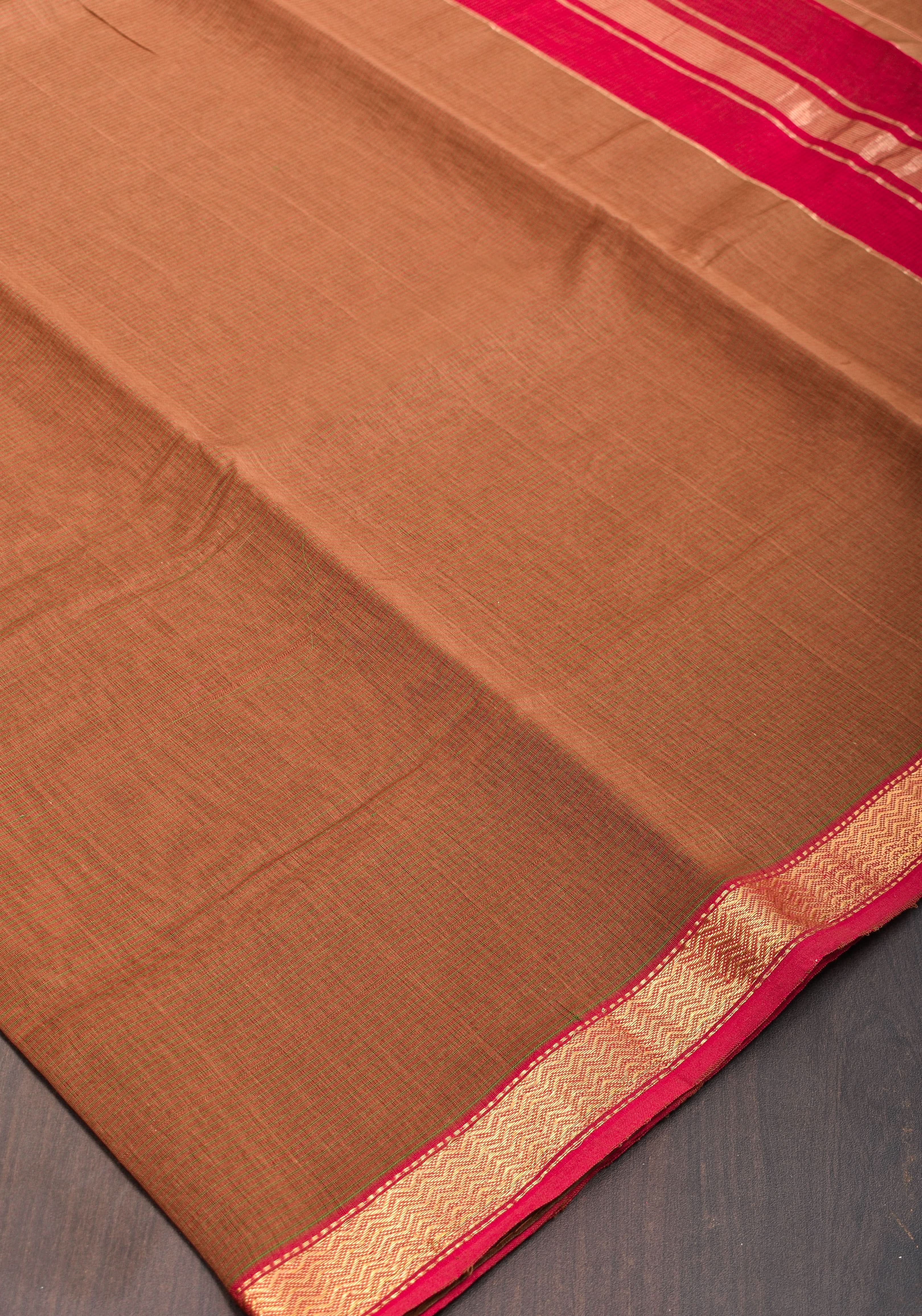 Handwoven Maheshwari Silk Cotton Saree in brown With Stripes & Minimal zari borders | Shobitam - Image 4