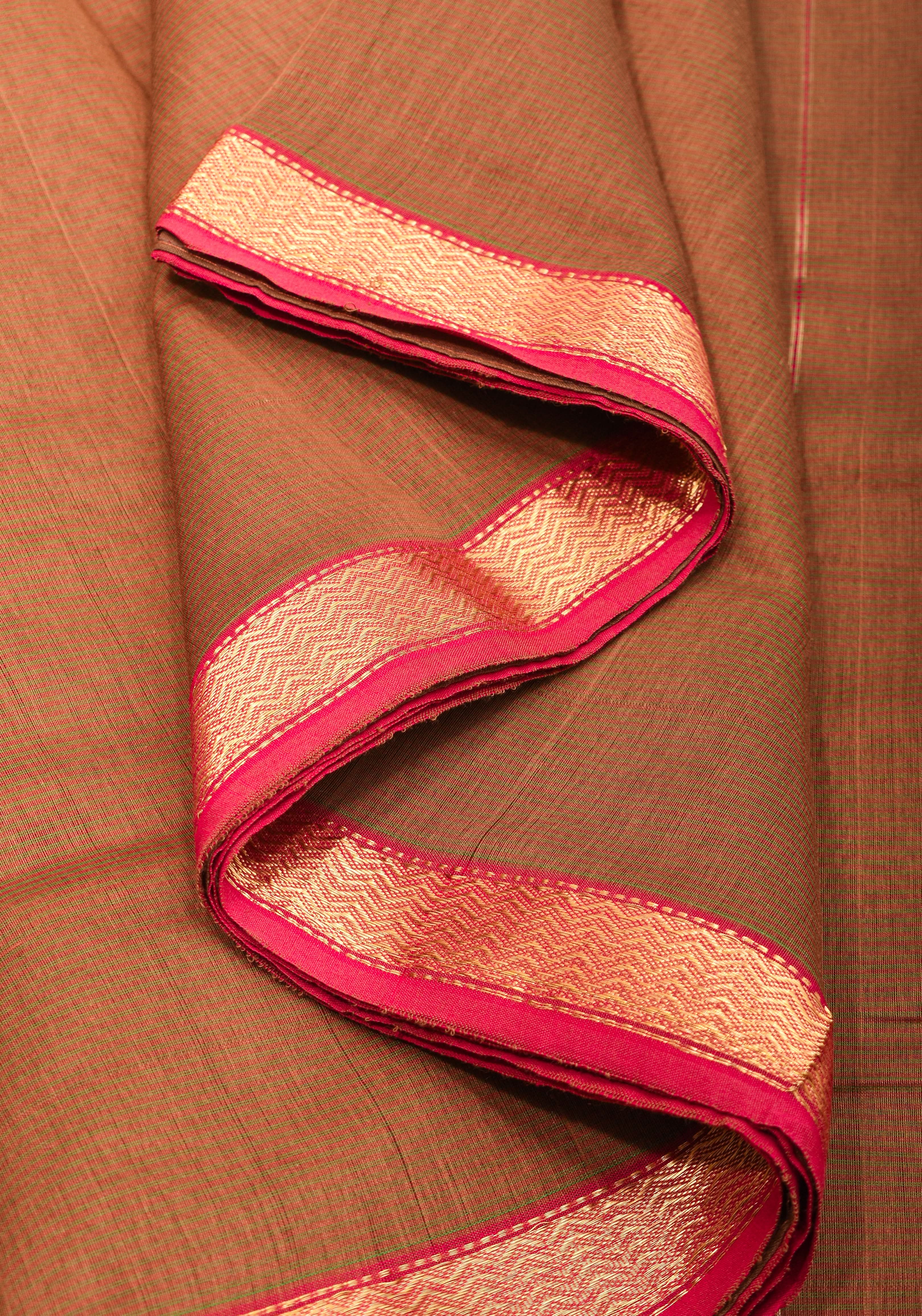 Handwoven Maheshwari Silk Cotton Saree in brown With Stripes & Minimal zari borders | Shobitam - Image 6