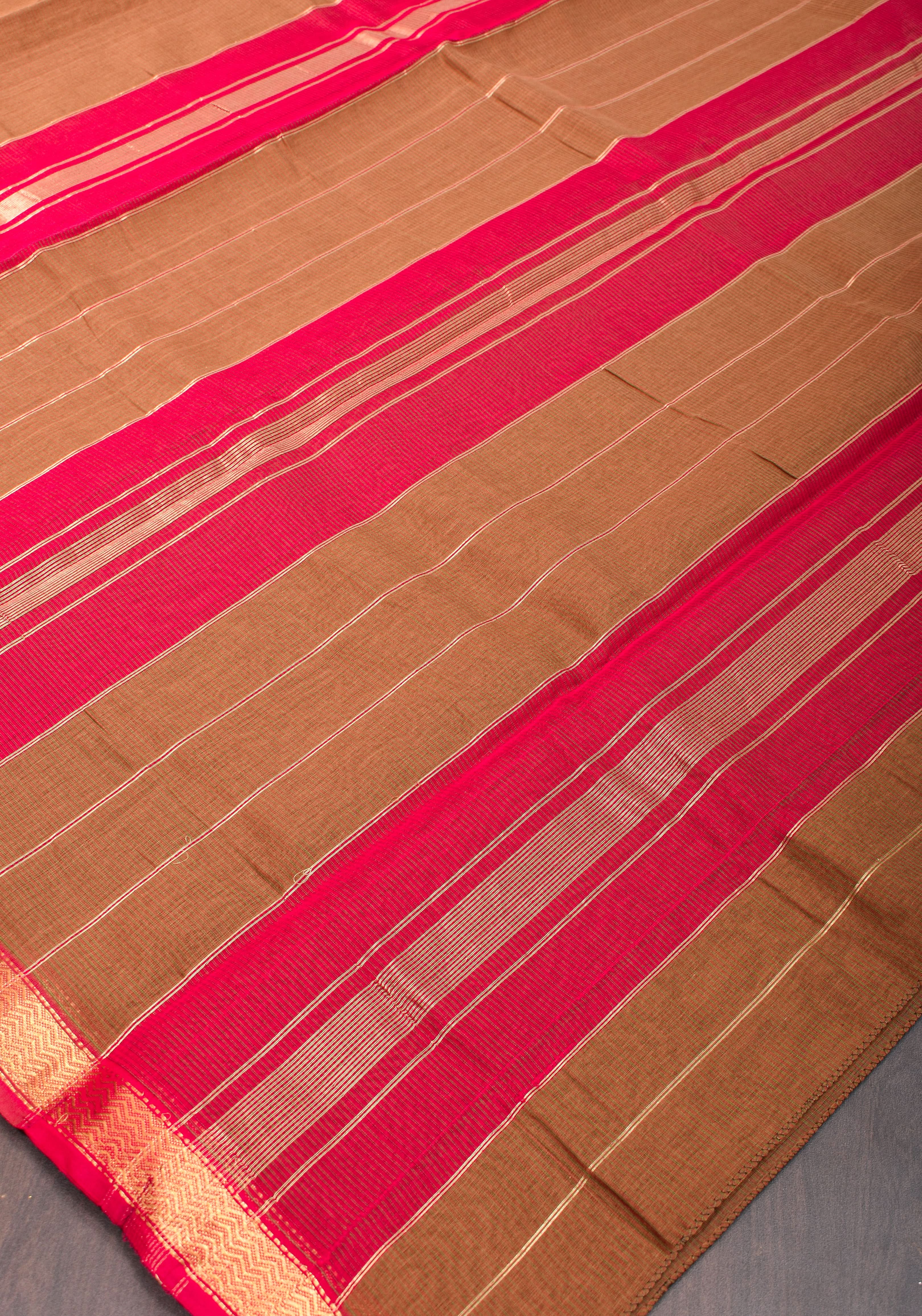 Handwoven Maheshwari Silk Cotton Saree in brown With Stripes & Minimal zari borders | Shobitam - Image 7