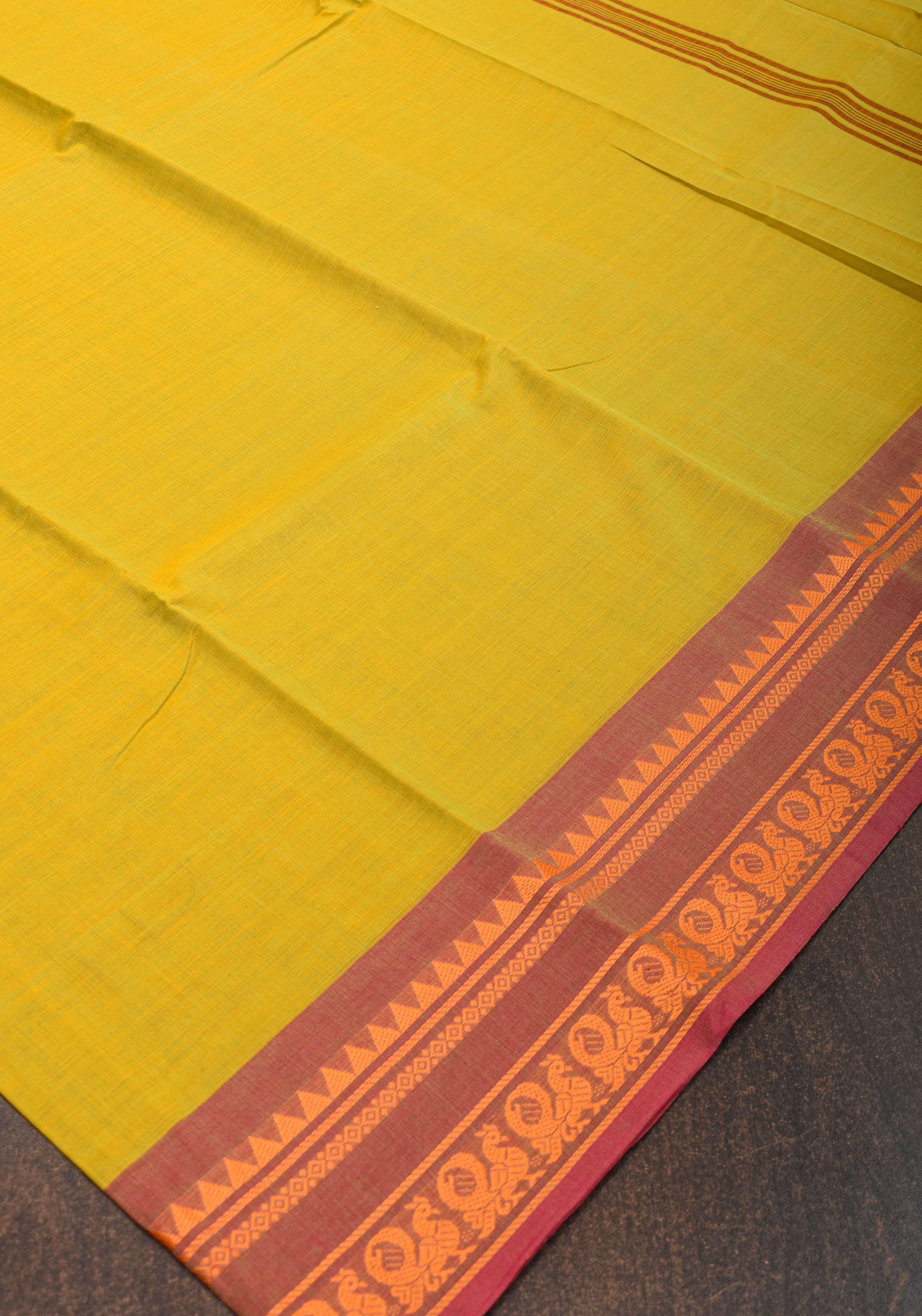 Cotton Handloom Saree In Moss Green with brick red Border No Blouse Piece | Shobitam Saree - Image 6