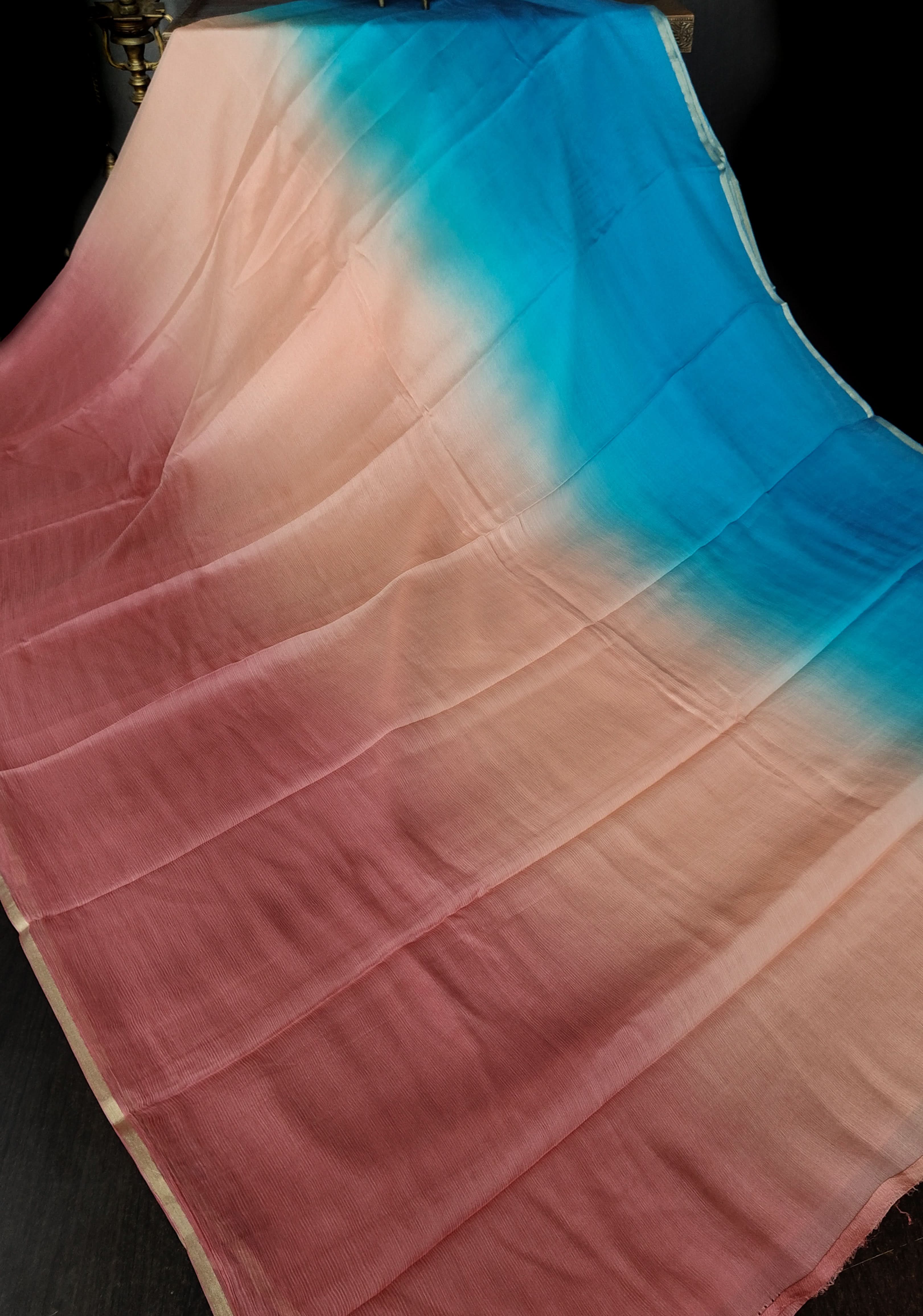 Multicolor Bollywood Style Ombre Pure Chiffon Saree, No Blouse Piece | Shobitam - Image 8
