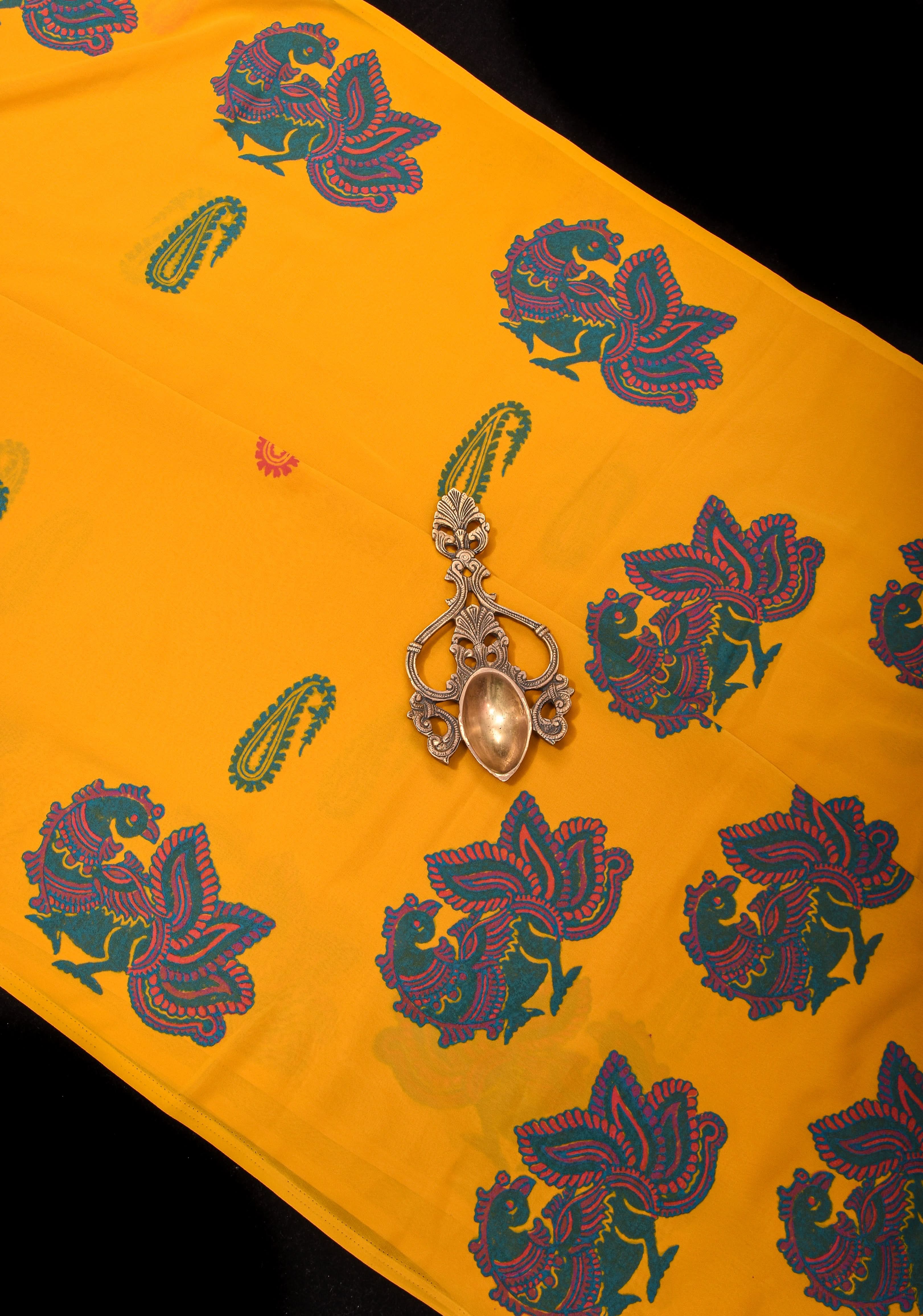 Mustard Georgette Saree with Sanganeri Hand Block Peacock and paisley Prints | Shobitam - Image 2