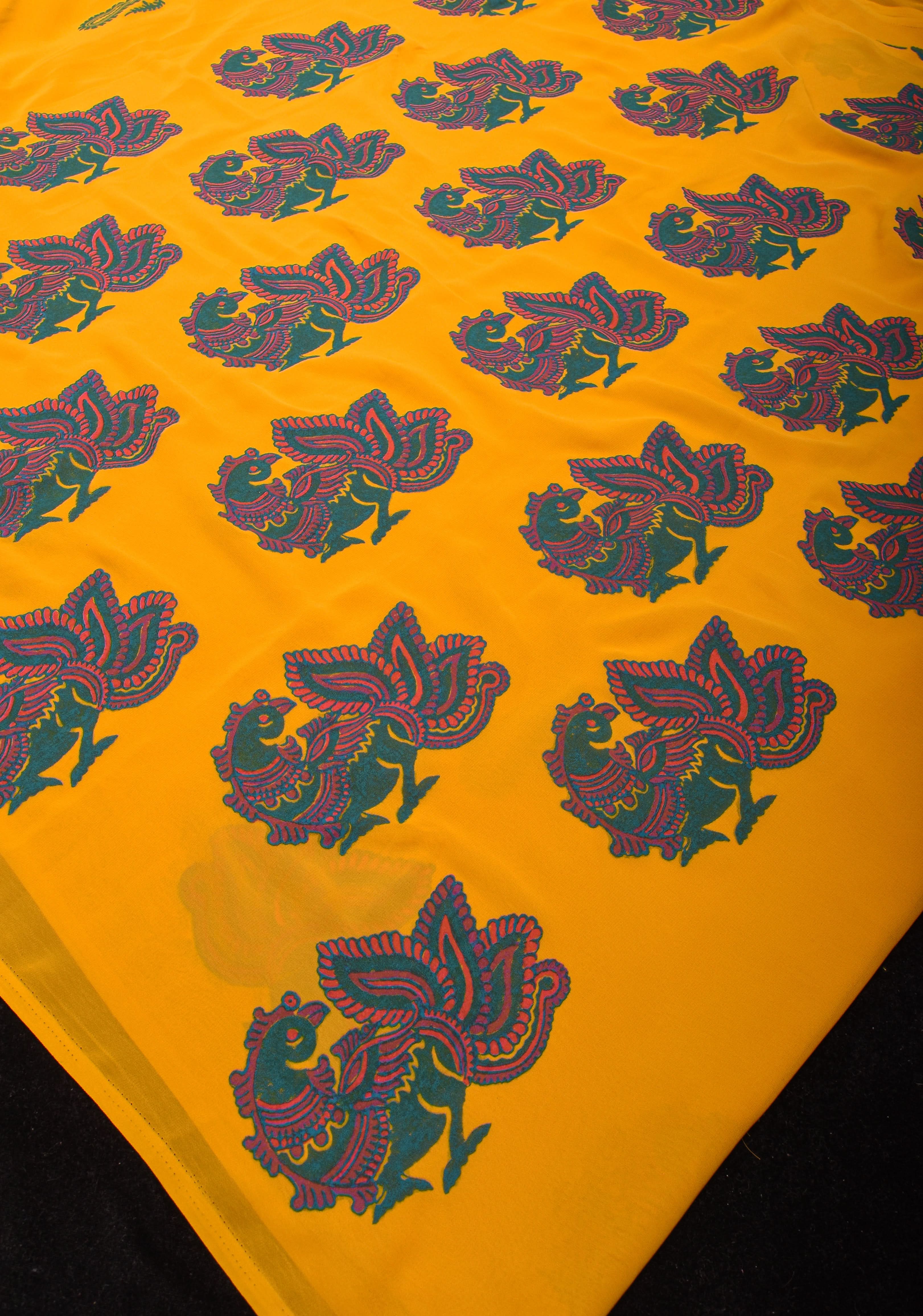 Mustard Georgette Saree with Sanganeri Hand Block Peacock and paisley Prints | Shobitam - Image 8