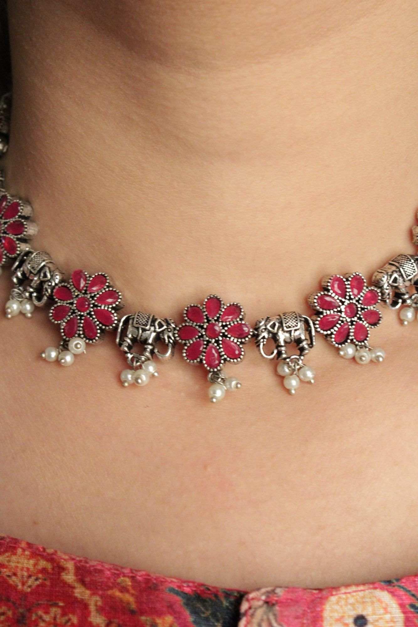 Oxidised Silver-Plated Pink & White Stone-Studded & Beaded Handcrafted Jewellery Set - Image 4