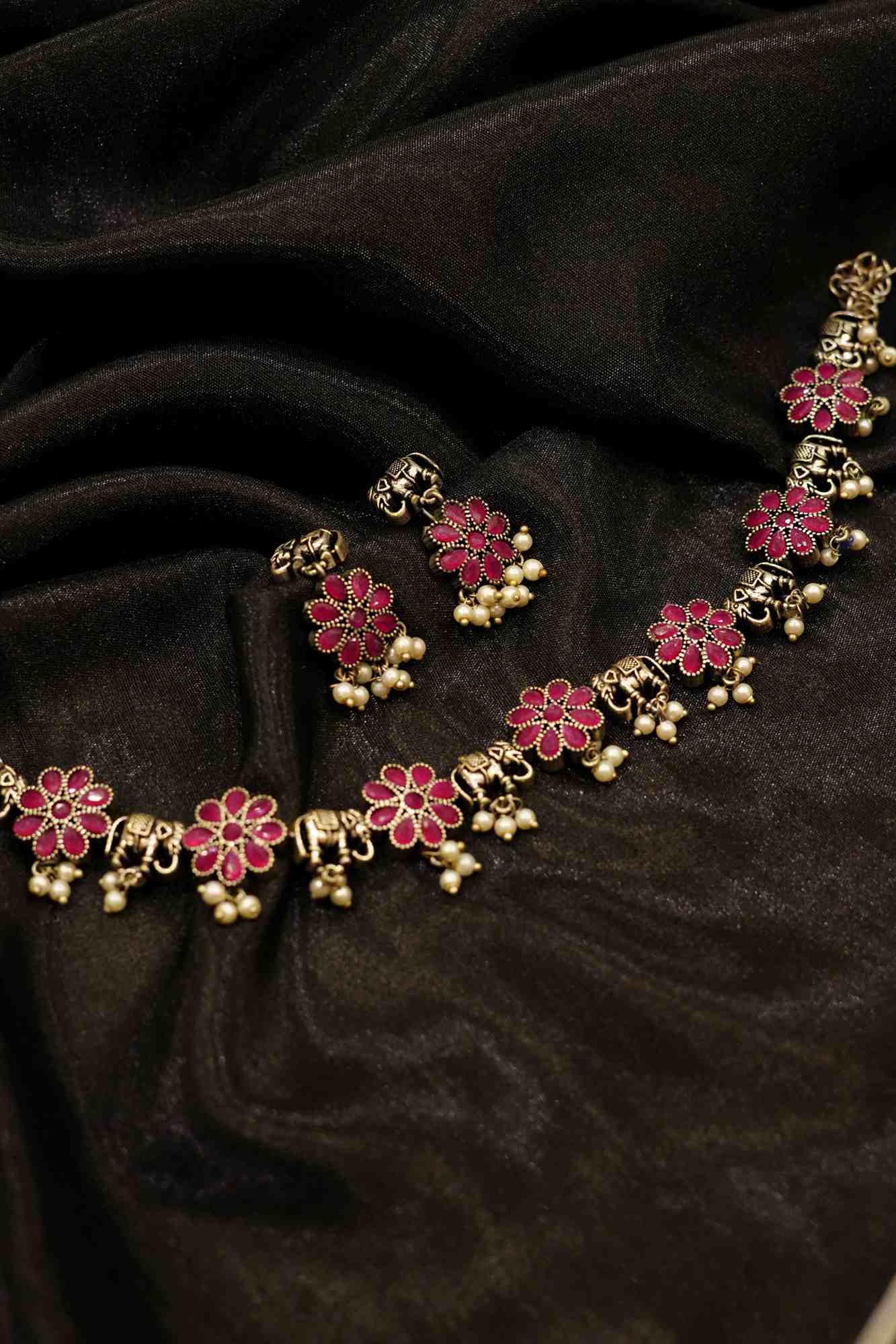 Oxidised Silver-Plated Pink & White Stone-Studded & Beaded Handcrafted Jewellery Set - Image 5