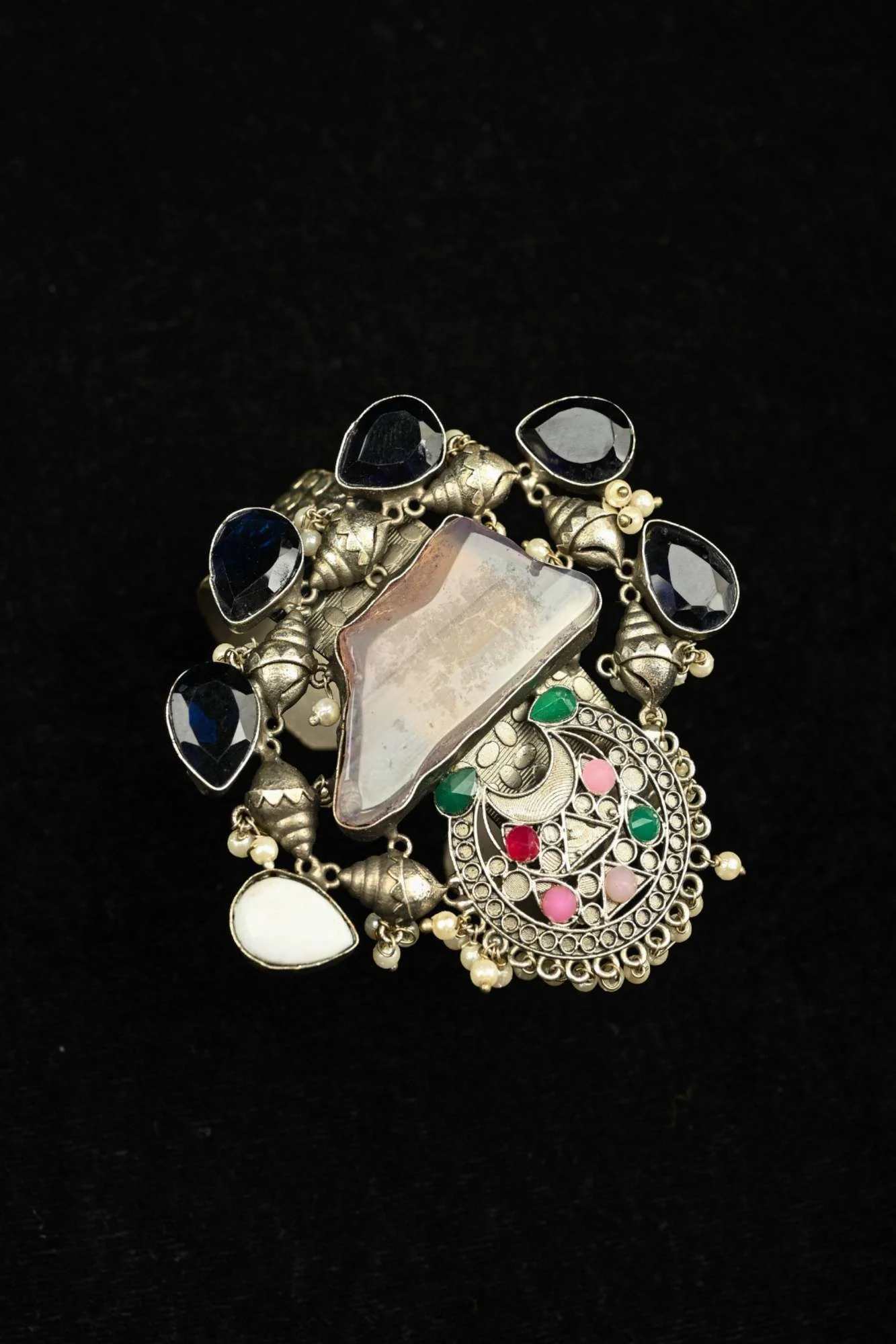 Oxidized Silver Finish adjustable Bracelet with chunky stones fusion design - Image 2