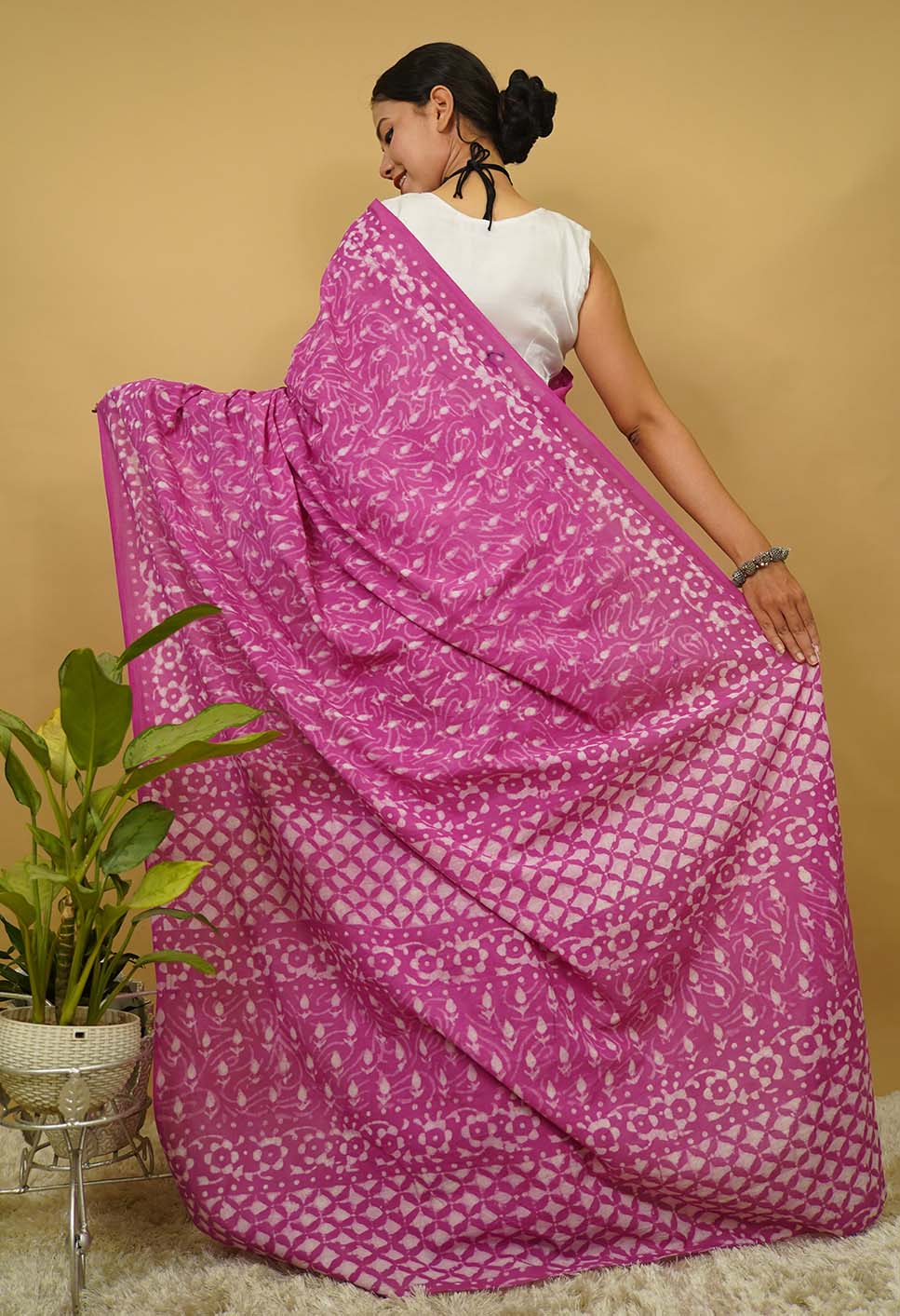 Paint the town pink with summery handblock print mulmul ready to wear saree - Image 3