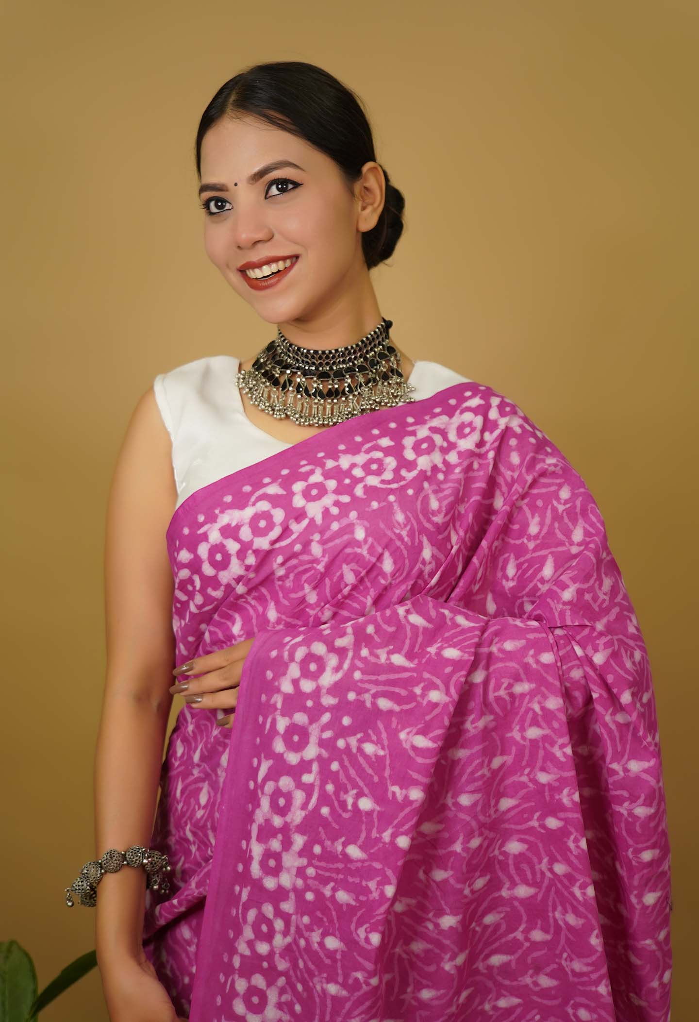 Paint the town pink with summery handblock print mulmul ready to wear saree - Image 4