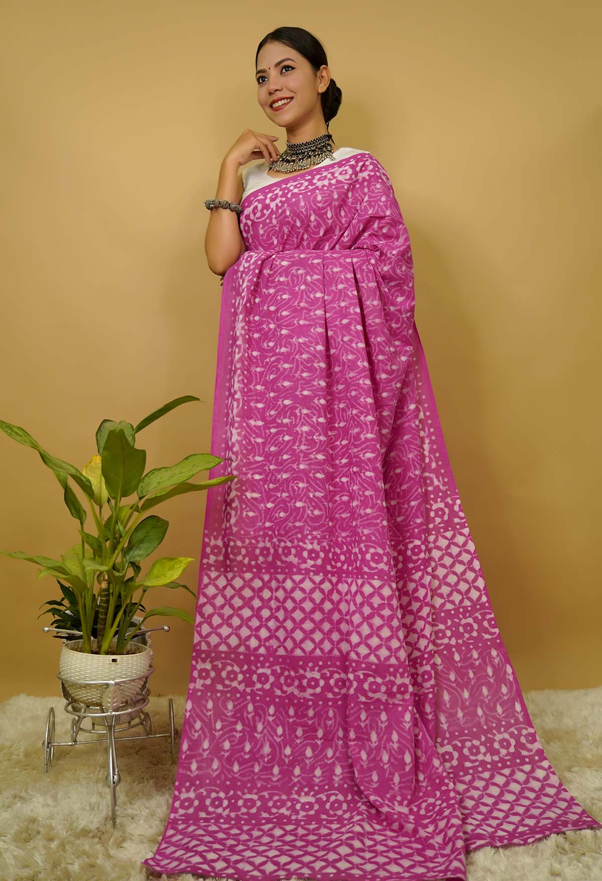 Paint the town pink with summery handblock print mulmul ready to wear saree - Image 5