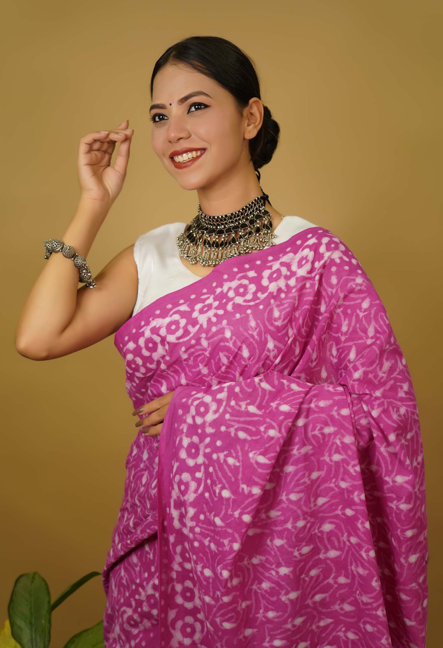 Paint the town pink with summery handblock print mulmul ready to wear saree - Image 7