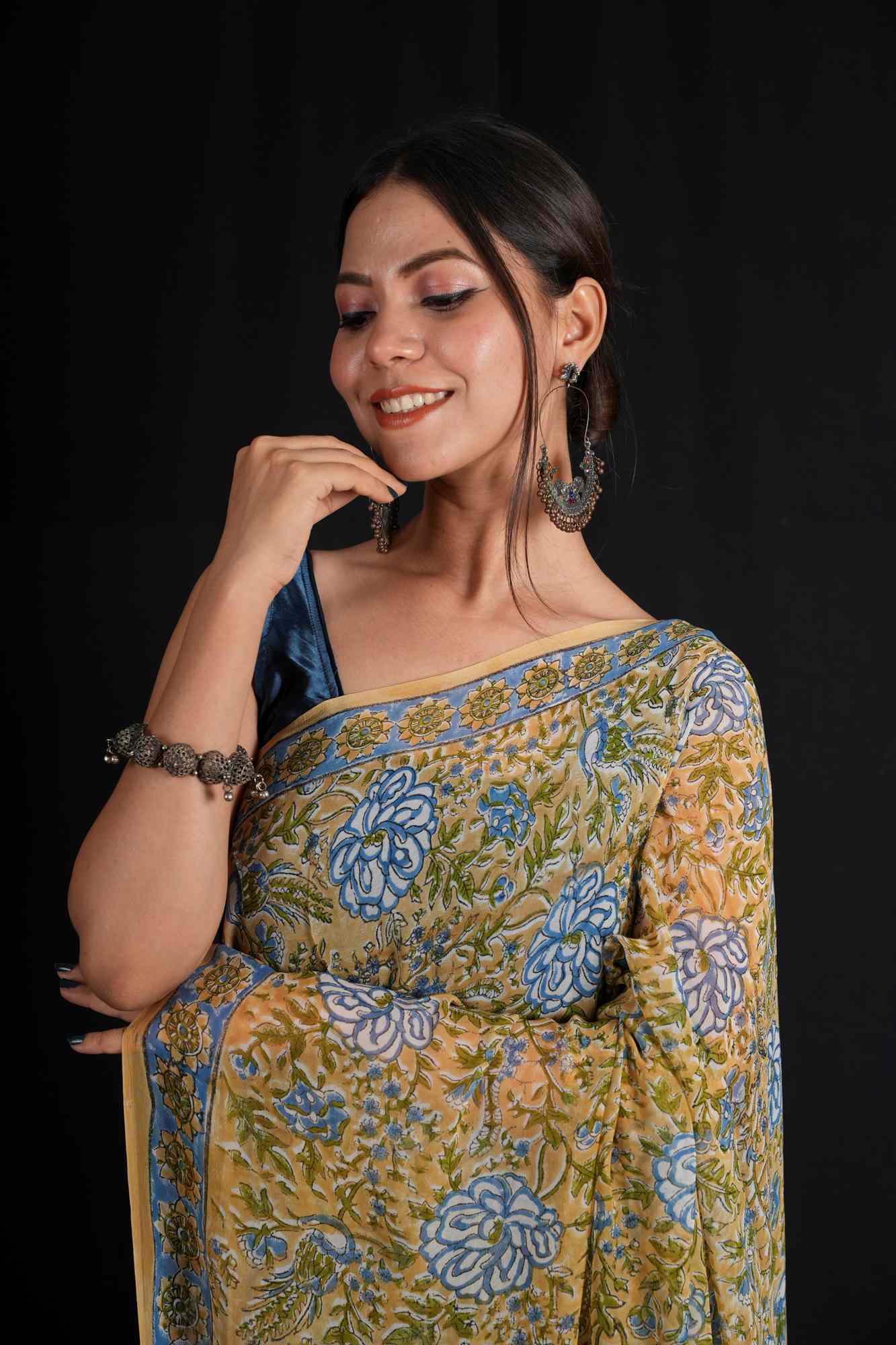Pale Mustard Premium Pure Georgette Ready to Wear Saree with Sanganeri Hand Block Print and long net tassels Ready To Wear Saree - Image 5