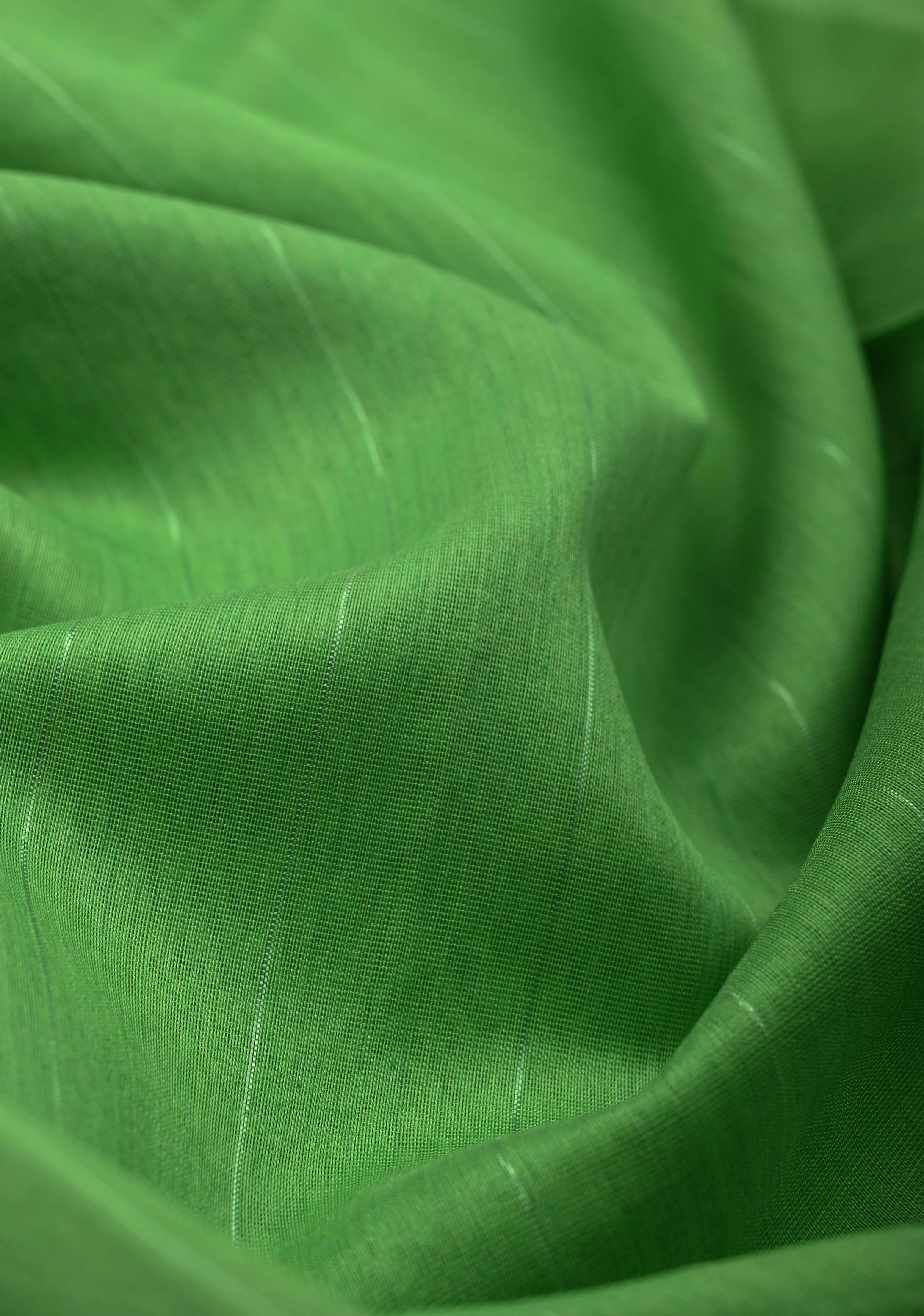 Parrot Green Handwoven Maheshwari Silk Cotton Saree with Muted Stripes and Zari Borders | Shobitam - Image 3
