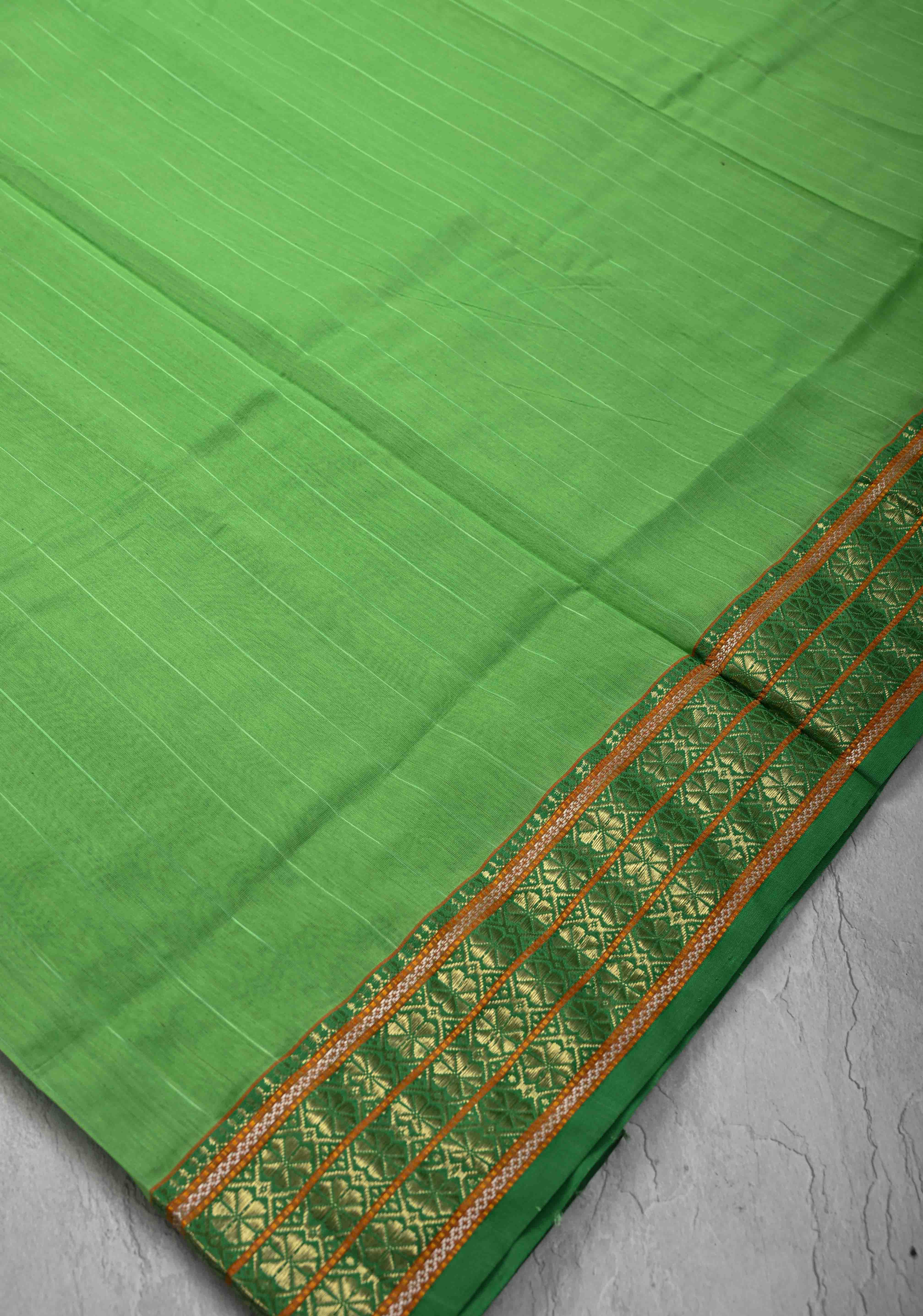 Parrot Green Handwoven Maheshwari Silk Cotton Saree with Muted Stripes and Zari Borders | Shobitam - Image 5