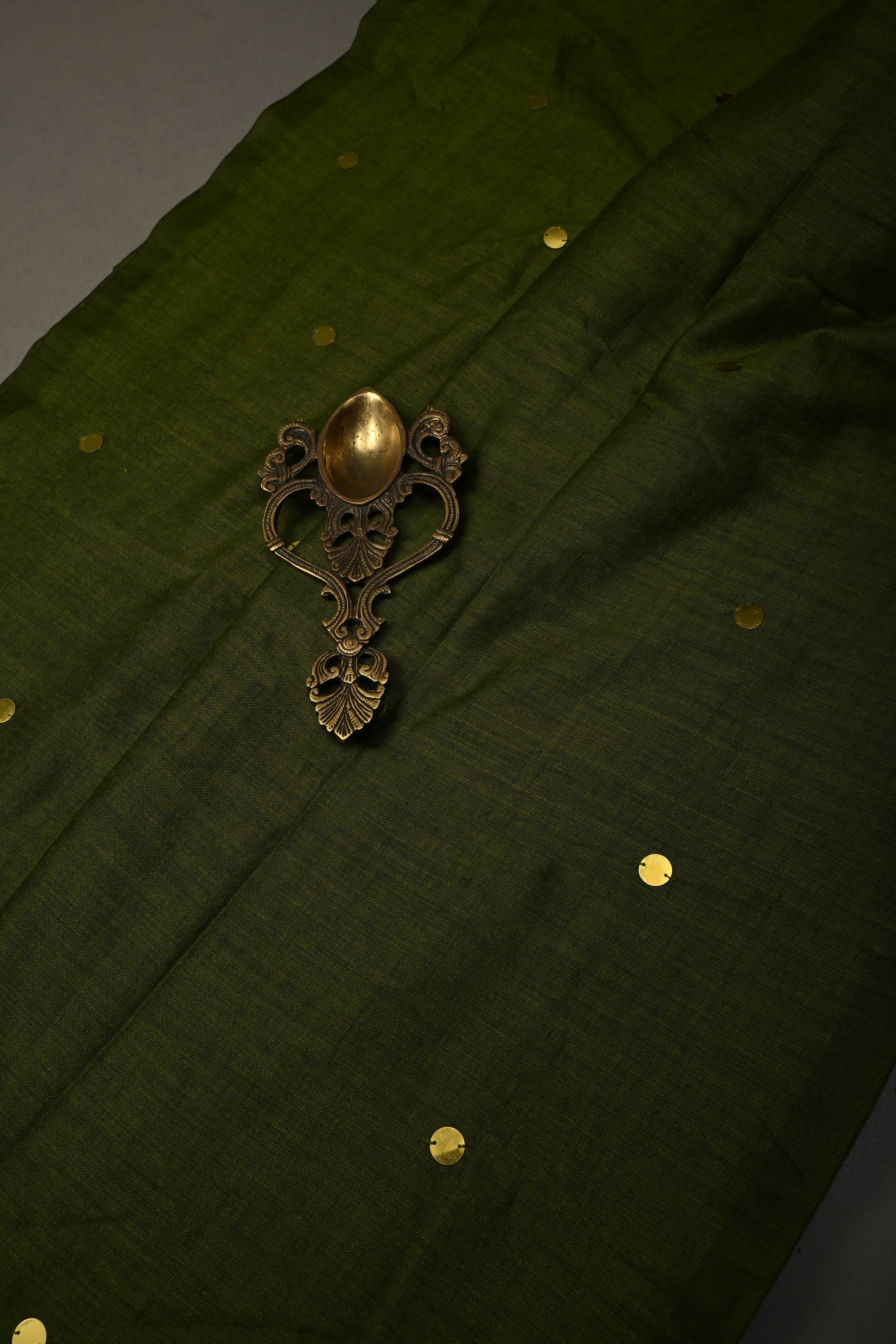 Parrot Green Mercerized Mul Cotton saree in With Tikki work and Long Tassels, No Blouse Piece | Shobitam - Image 2