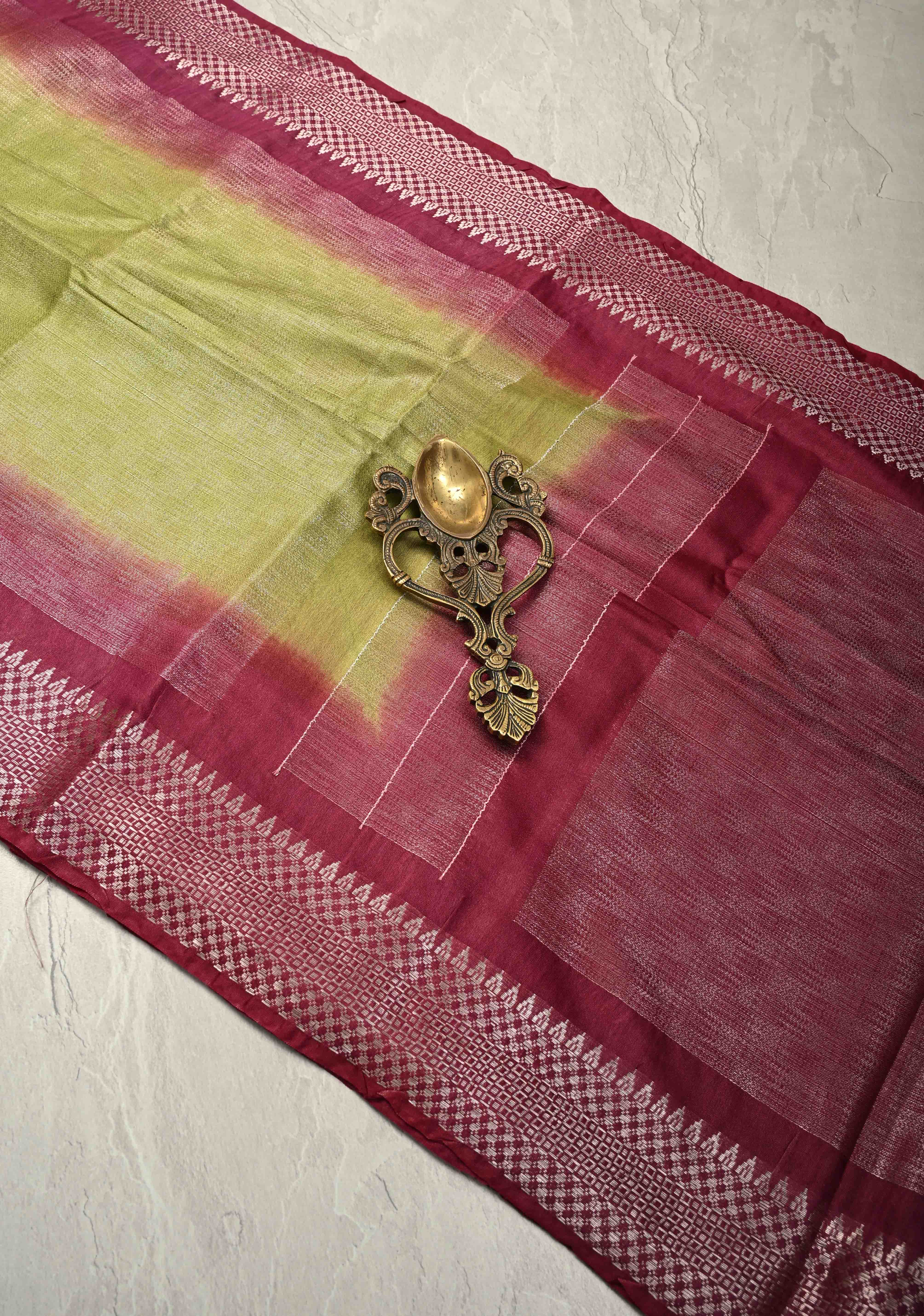 Parrot Gren Semi Tussar Tissue Saree with Contrast Temple Zari Border and Pallu | Shobitam - Image 4