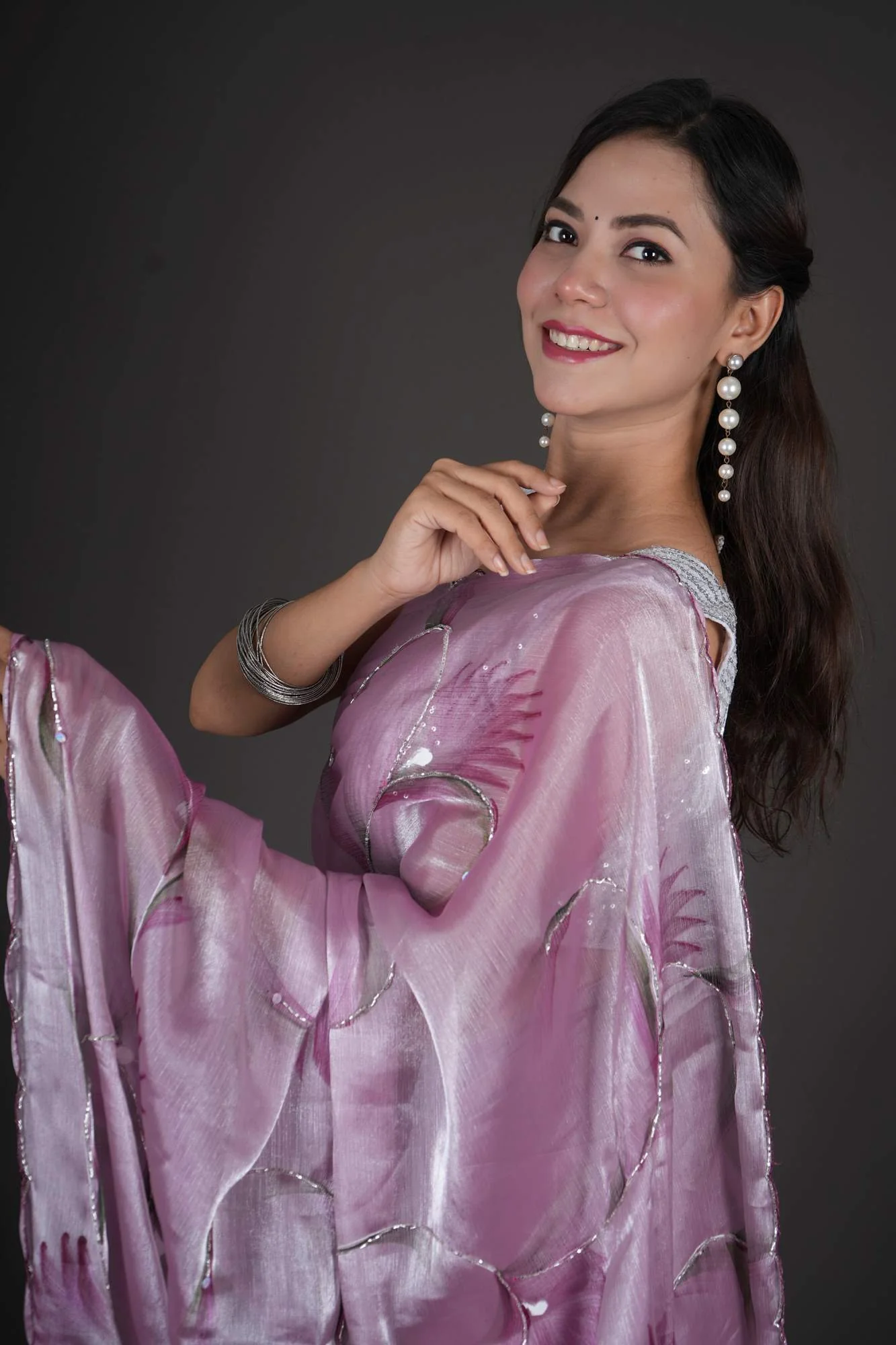 Party Style Chiffon Silk Brush Floral Print Detailed  Scallop Border 1 minute  saree - Image 8