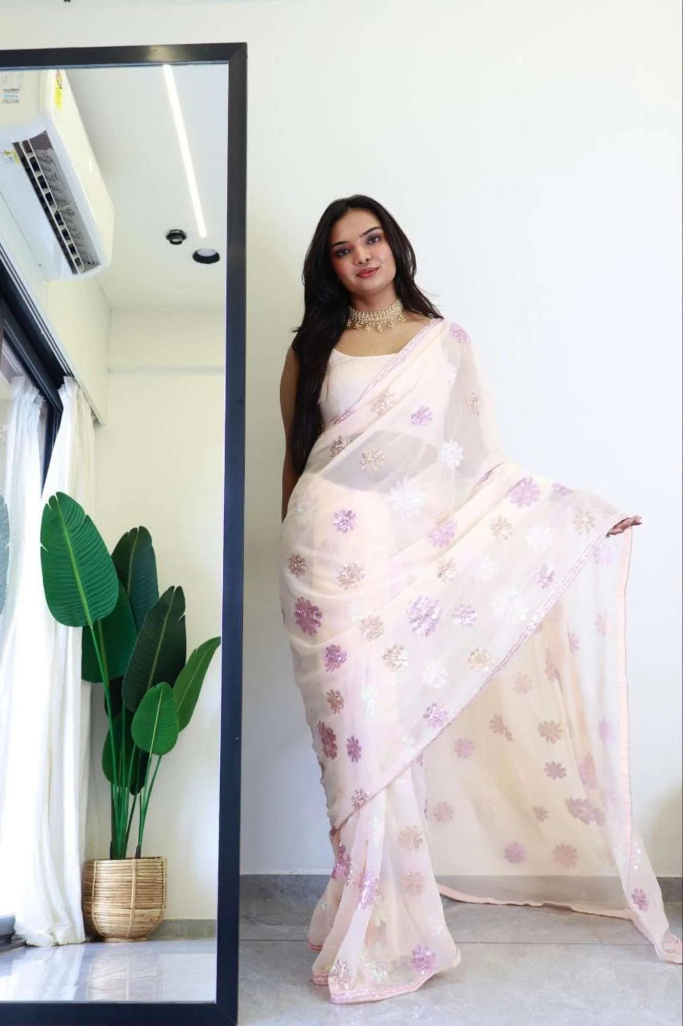 Party Wear Pastel Georgette floral sequence work with  lace border 1 Minute Saree - Image 2
