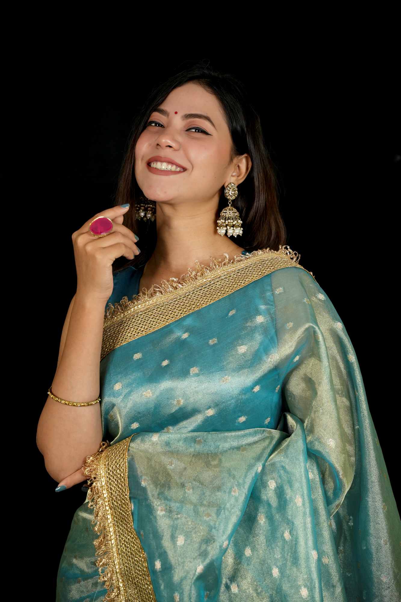 Banarasi Tissue Silk with Zari Butis, Embellished Border Dhoop Chaav Ready To Wear Saree - Image 10