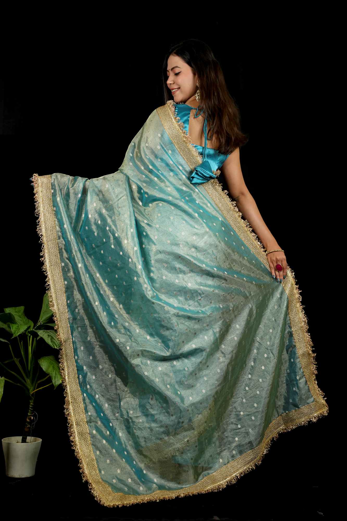 Banarasi Tissue Silk with Zari Butis, Embellished Border Dhoop Chaav Ready To Wear Saree - Image 6