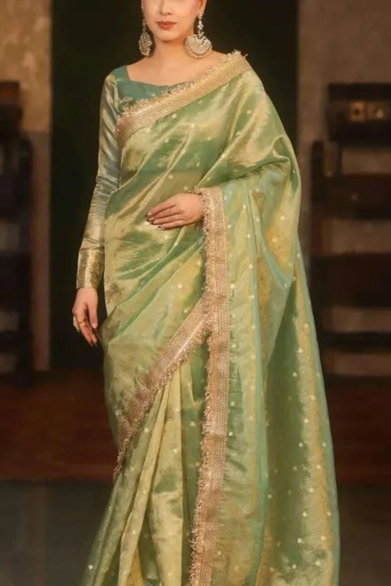 Banarasi Tissue Silk with Zari Butis, Embellished Border Dhoop Chaav Ready To Wear Saree - Image 8
