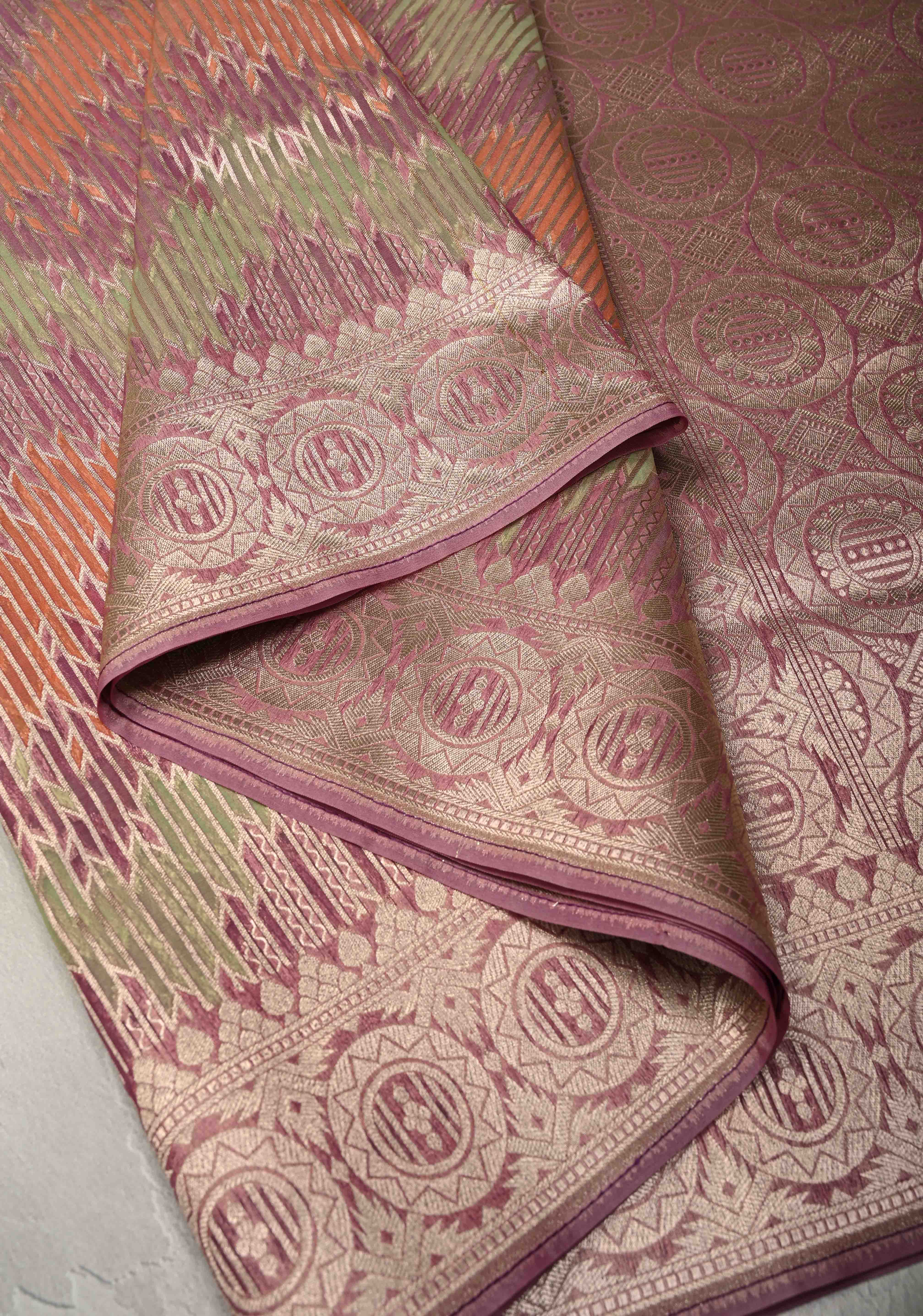 Pastel Hued Rangkaat Style on Banarasi Semi Kora Saree with Chevron Pattern and Zari Border | Shobitam - Image 6