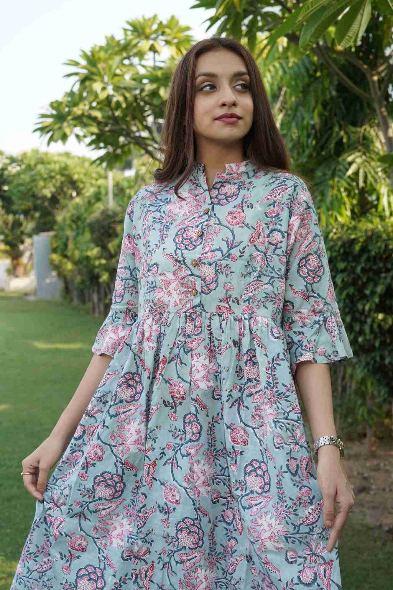 Pastel Love Dress in Mint Green Cotton with floral hand block print - Image 6