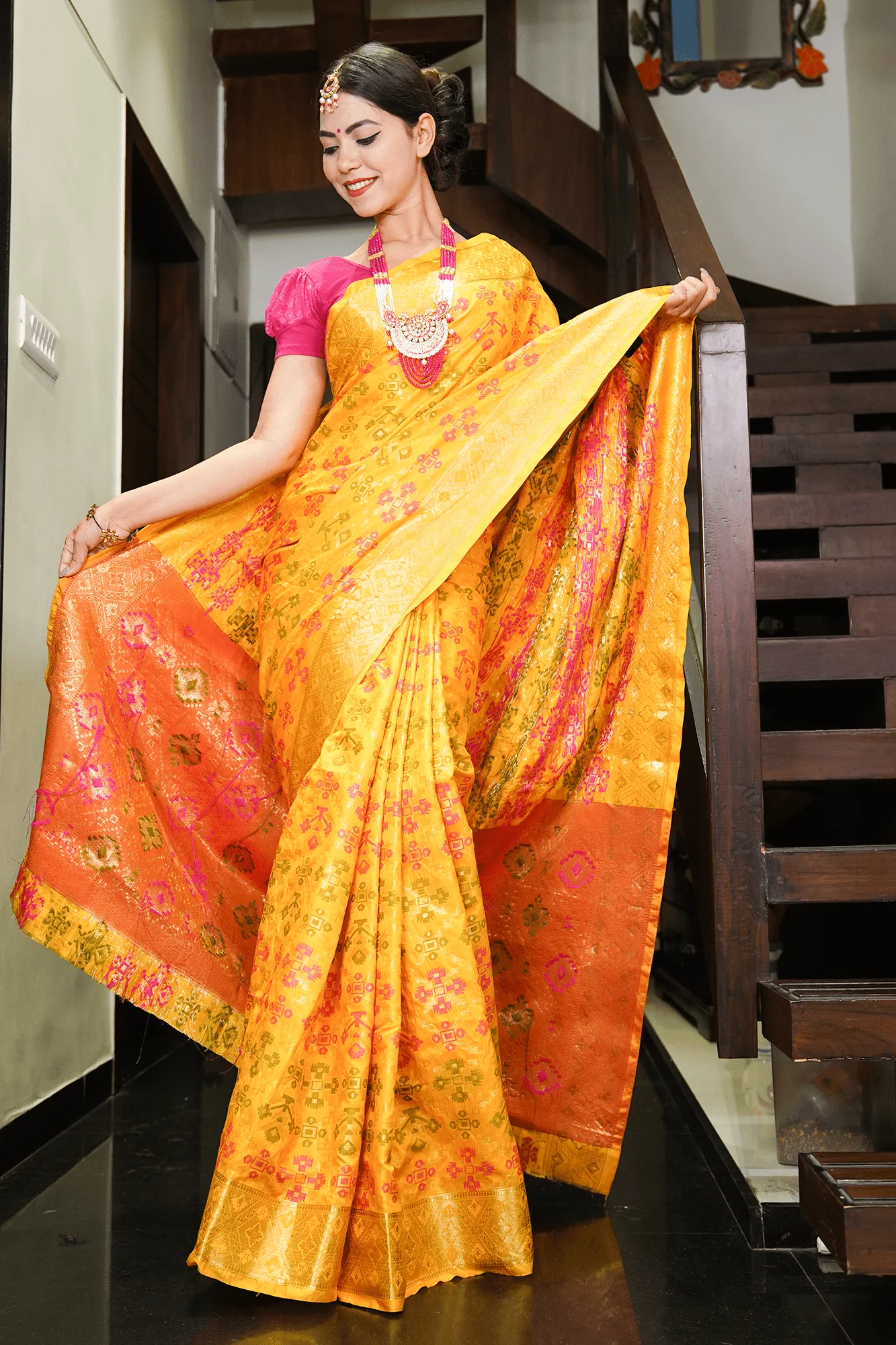 Patola banarasi woven zari border and pallu wrap in 1 minute saree - Image 3