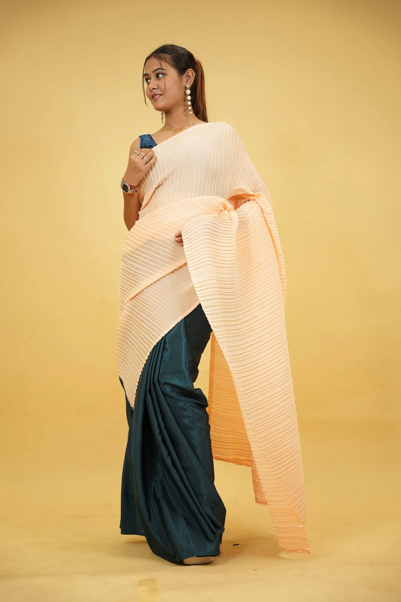 Peach Crinkle Chinon with Teal Satin Base Ready To Wear Saree - Image 5