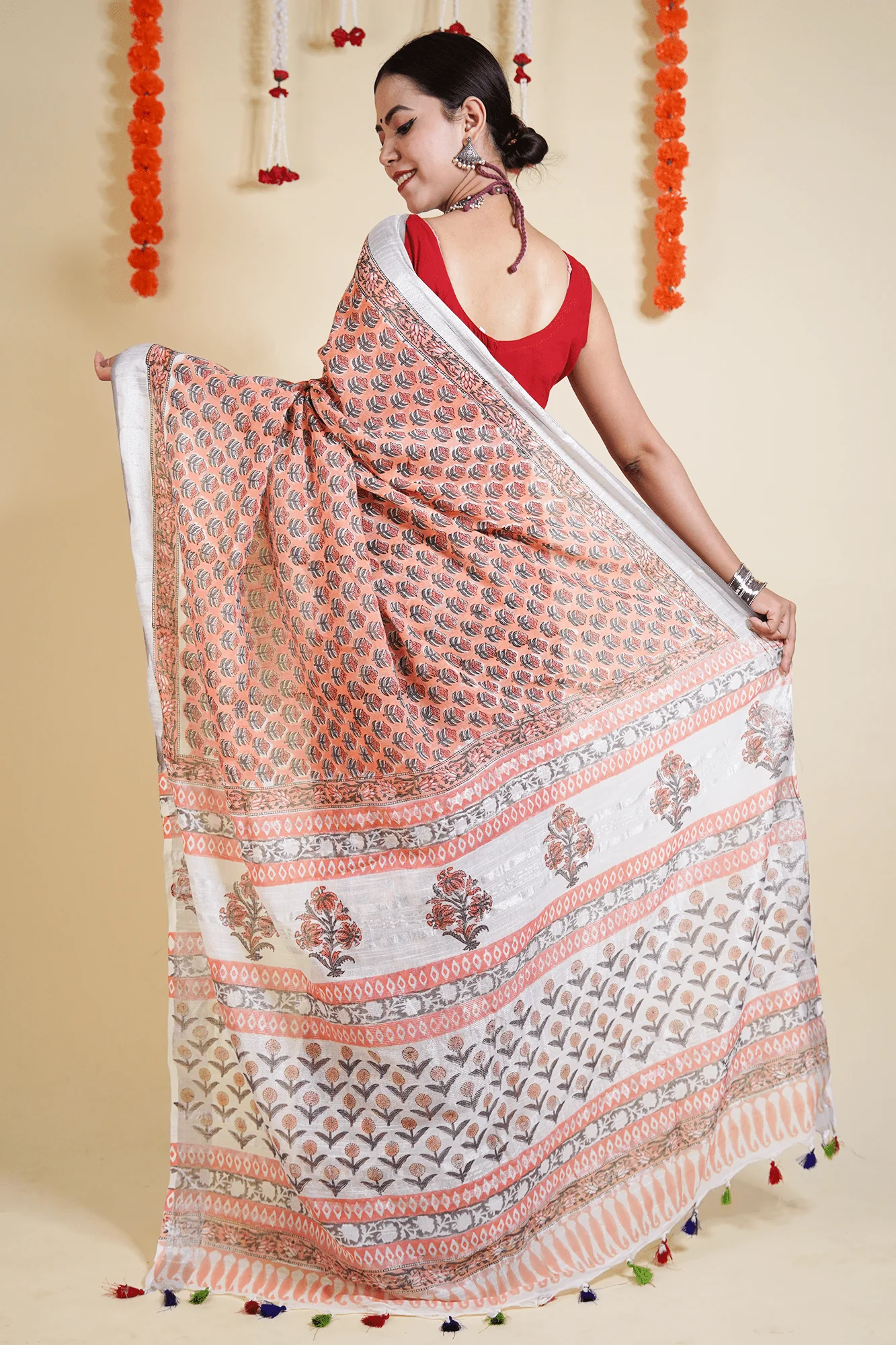 PEACH , ORANGE AND WHITE SOFT LINEN HANDBLOCK PRINTED WRAP IN 1 MINUTE SAREE - Image 3