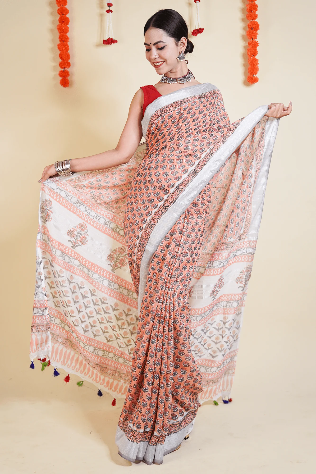 PEACH , ORANGE AND WHITE SOFT LINEN HANDBLOCK PRINTED WRAP IN 1 MINUTE SAREE - Image 5