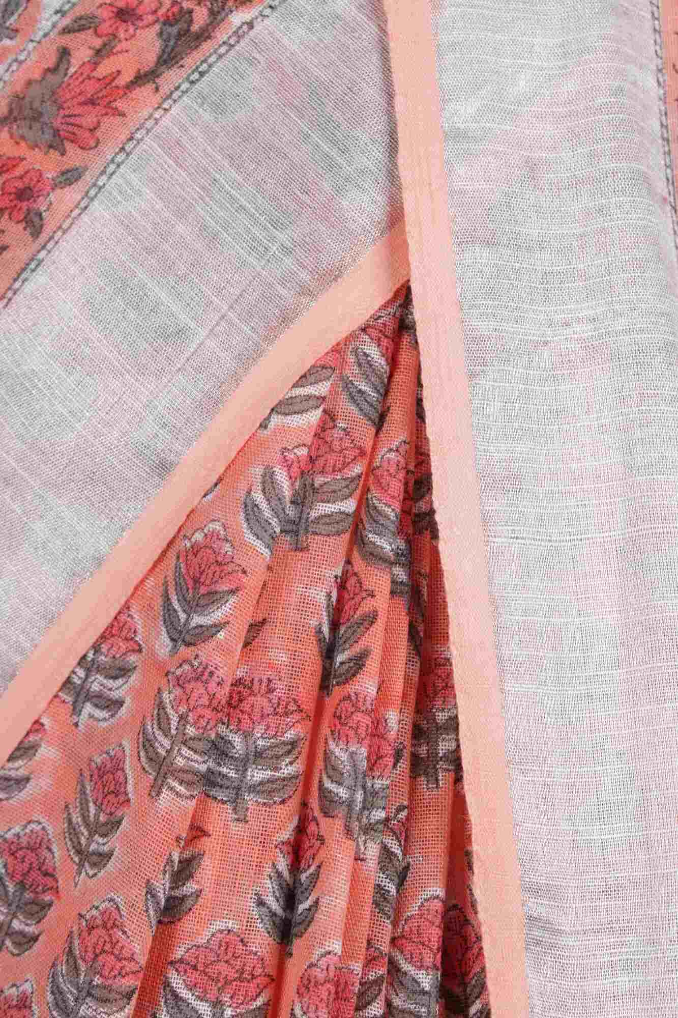 PEACH , ORANGE AND WHITE SOFT LINEN HANDBLOCK PRINTED WRAP IN 1 MINUTE SAREE - Image 6