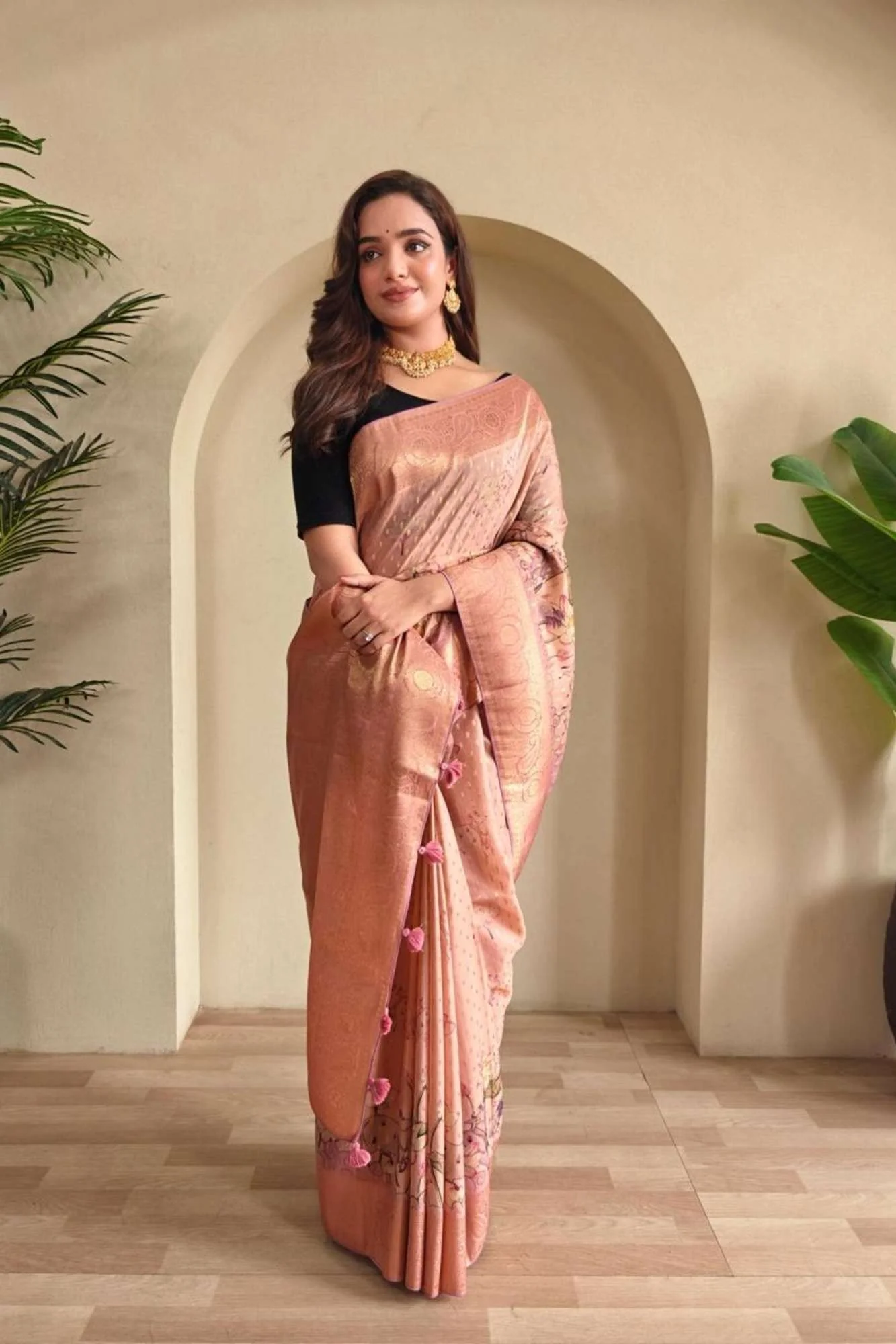Peach Viscose Georgette Silk with Woven Detailing, Digital Prints & Tassels Ready To Wear Saree - Image 11