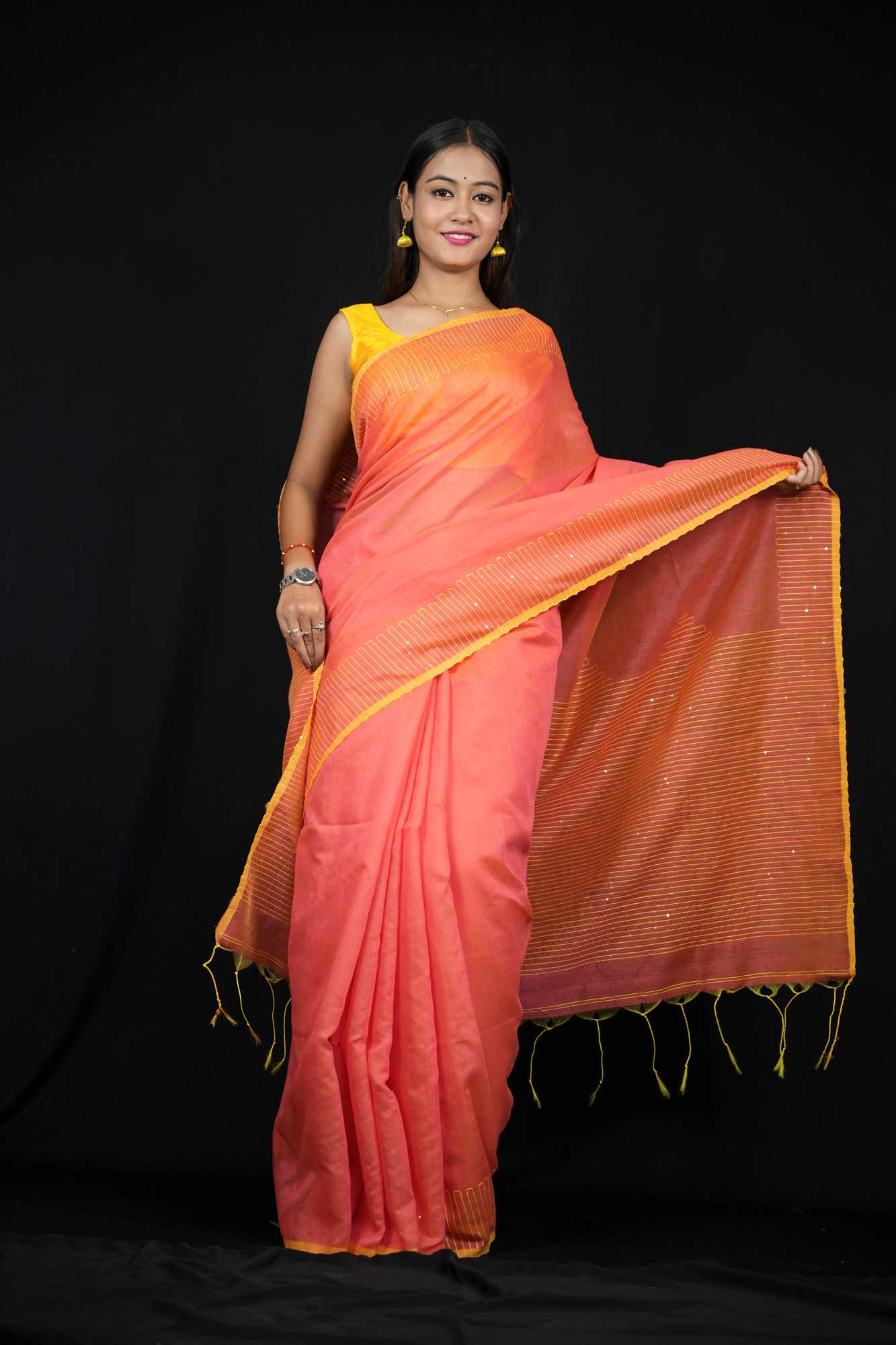 Peach & Yellow Cotton with Subtle Thread Work and Tassel Detailing Ready To wear Saree - Image 3
