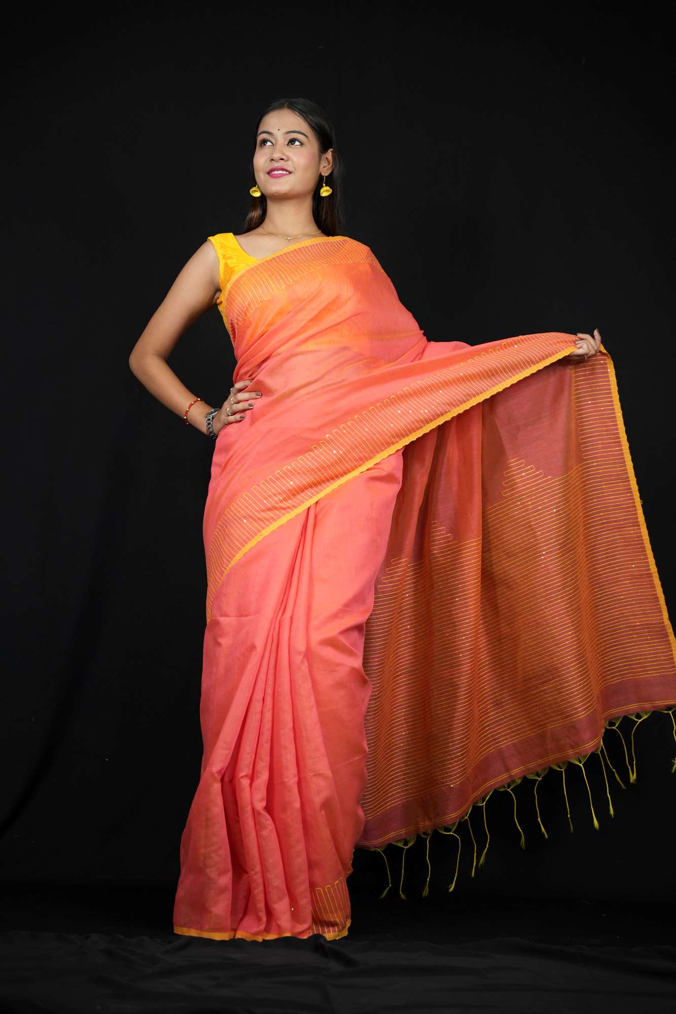 Peach & Yellow Cotton with Subtle Thread Work and Tassel Detailing Ready To wear Saree - Image 7